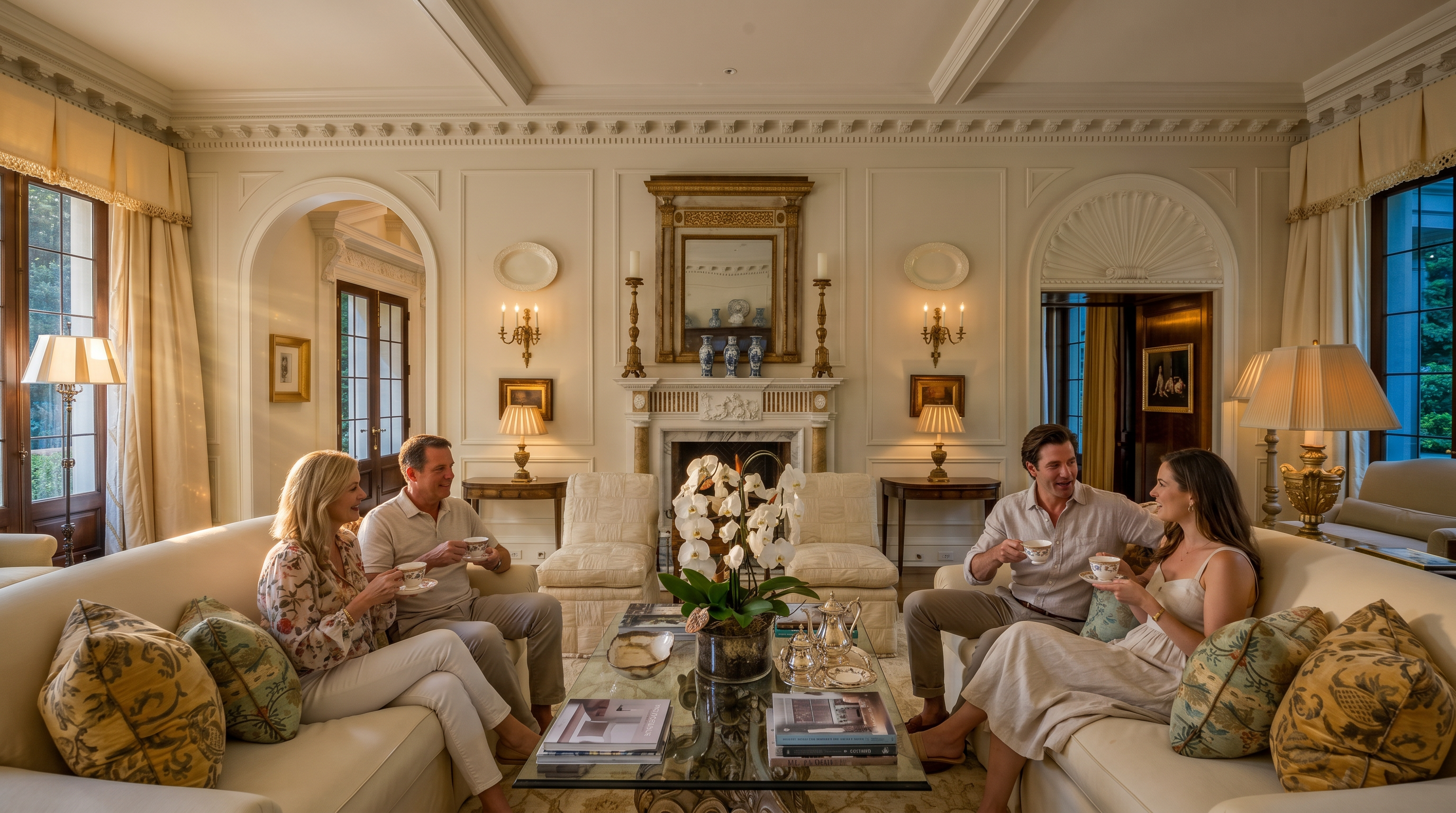 This elegant, formal living room features a symmetrical layout centered around a classic fireplace with a decorative mantel and an ornate mirror above. The space is furnished with two plush cream-colored sofas, matching armchairs, and a glass-topped coffee table adorned with a white orchid arrangement. Architectural details include intricate crown molding, paneled walls, and arched doorways, creating a sophisticated and timeless atmosphere.