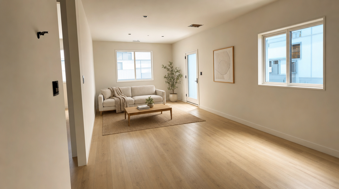 This living room features a clean, minimalist design with light-toned hardwood floors, neutral walls, and ample natural light from two large windows. The space includes a comfortable beige sofa accented by a textured area rug, a simple wood coffee table, and a potted plant, creating an inviting and airy atmosphere. The open floor plan and neutral palette provide a versatile and modern aesthetic suitable for a contemporary residence.