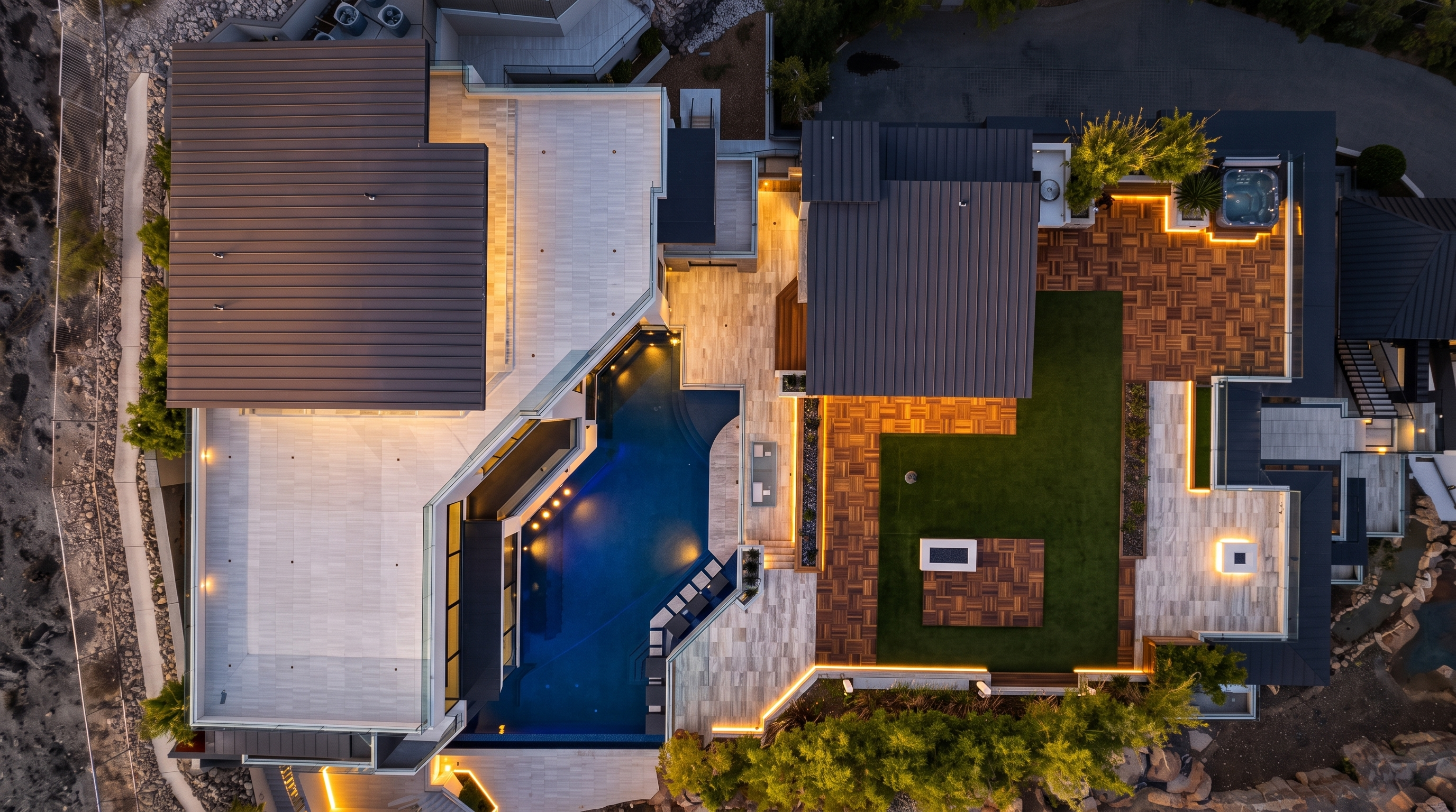 This high-angle aerial perspective captures a modern luxury residence with a sophisticated, multi-level architectural design. The property features a sleek swimming pool, a manicured artificial turf lawn, and expansive outdoor decking areas, all integrated into a rugged, natural landscape. The clean lines of the dark metal roofing contrast with the light-toned stone and tile surfaces, creating a striking contemporary aesthetic.