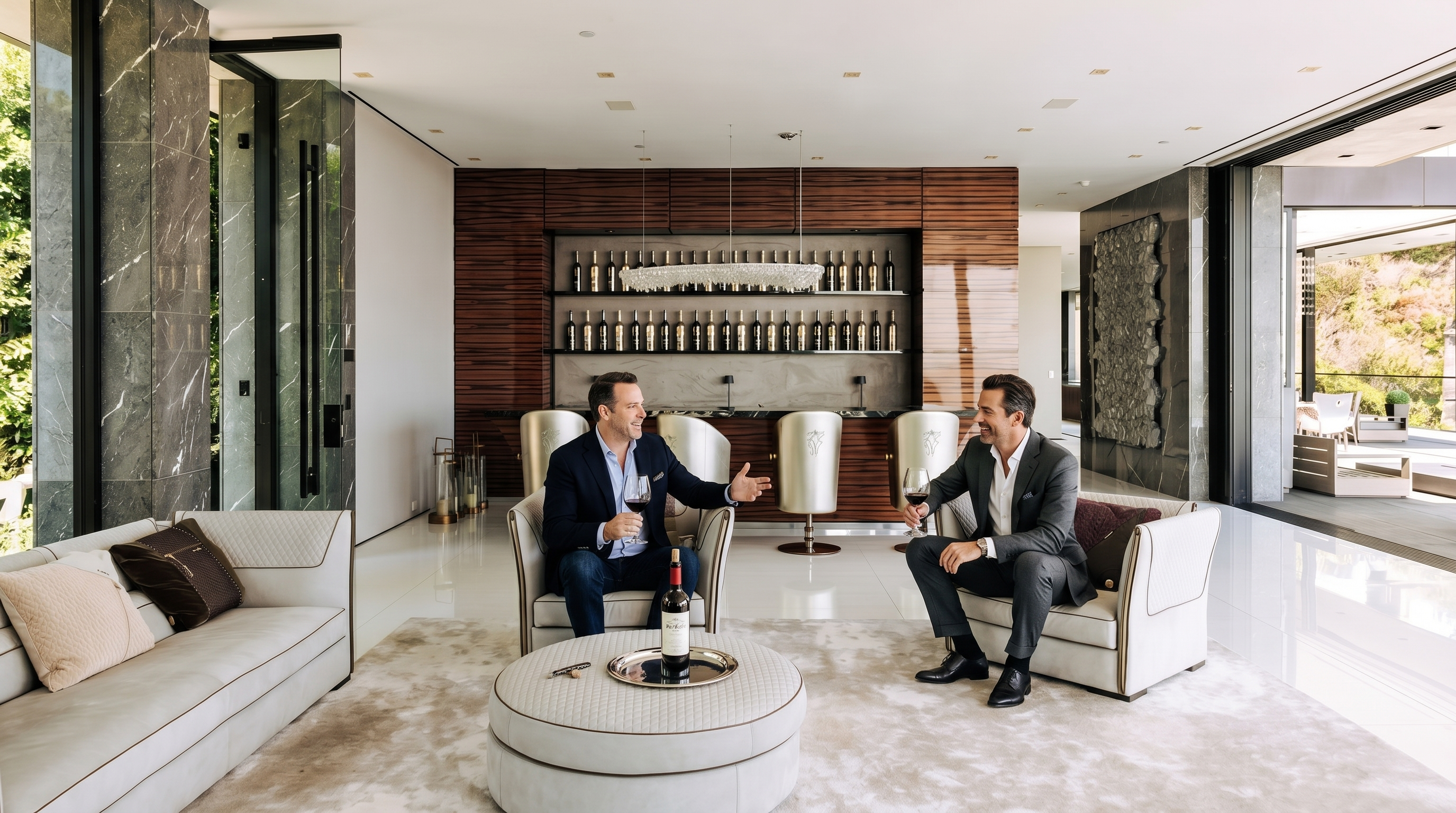 This sophisticated living room features a sleek, modern bar area with wood-paneled walls and metallic bar stools, serving as a focal point. The space is furnished with plush, light-toned armchairs and a matching ottoman, all set upon a textured area rug that complements the polished white flooring. Large glass doors open to an outdoor patio, creating a seamless transition between the luxurious interior and the exterior environment.