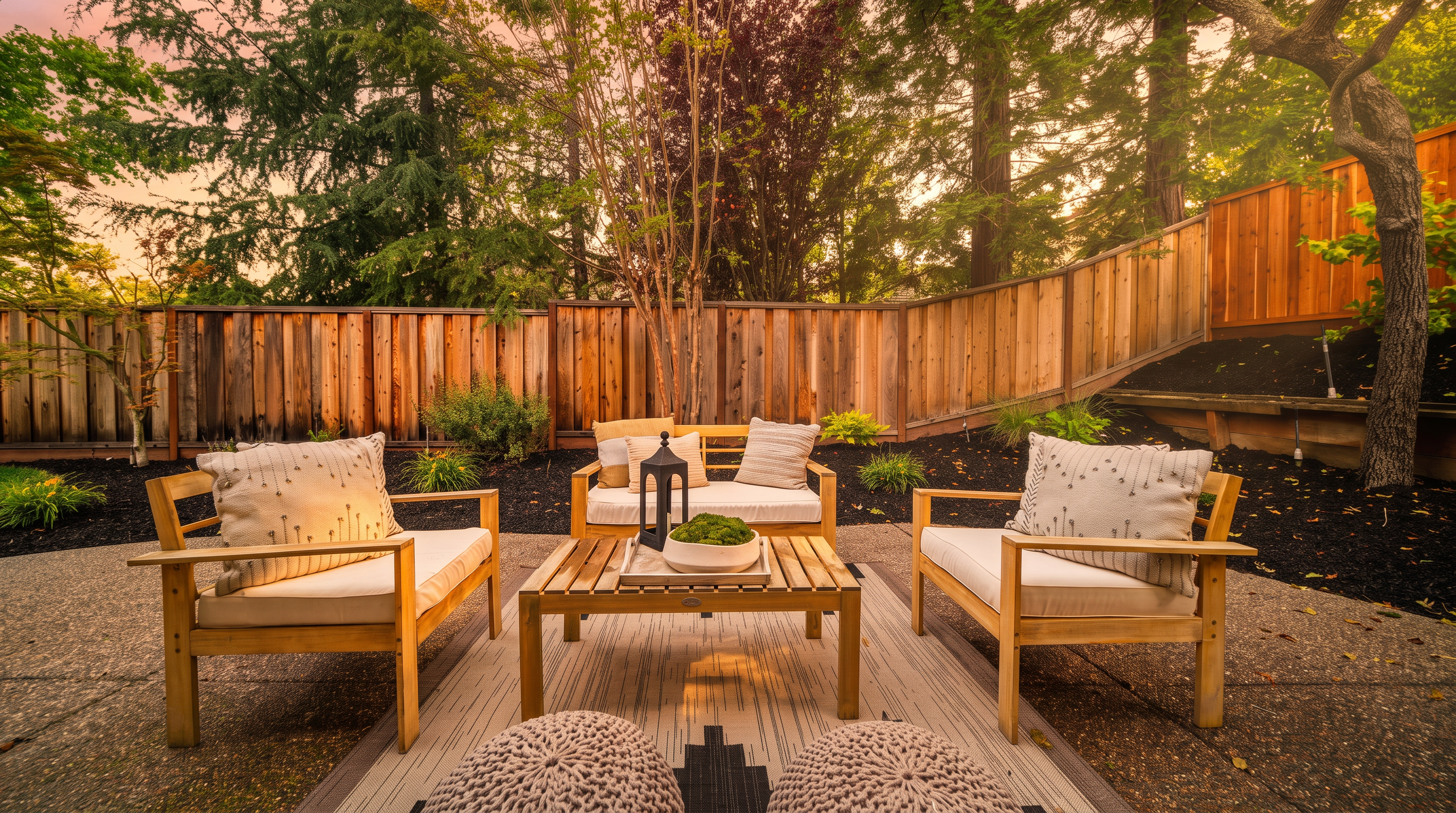 This inviting outdoor patio space features a light wood furniture set arranged around a central coffee table, creating a cozy seating area on a patterned area rug. The scene is set against a backdrop of a tall wooden privacy fence and mature trees, with dark mulch landscaping providing a clean contrast. The perspective is a low-angle, eye-level shot that emphasizes the comfortable and tranquil atmosphere of this private backyard retreat.