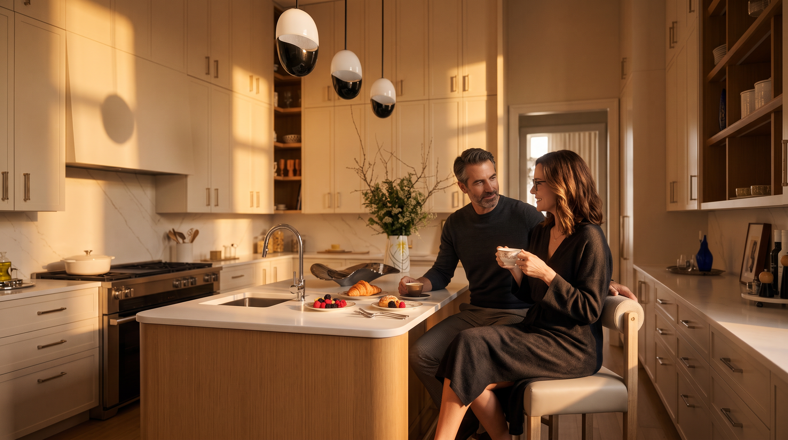 This sophisticated, modern kitchen features a large central island with light wood cabinetry and a white countertop, complemented by three contemporary pendant lights. The space is defined by tall, light-toned cabinetry that extends to the ceiling, integrated appliances, and open shelving with accent lighting. A wide doorway leads to an adjacent dining area, creating an open and airy flow throughout the home.