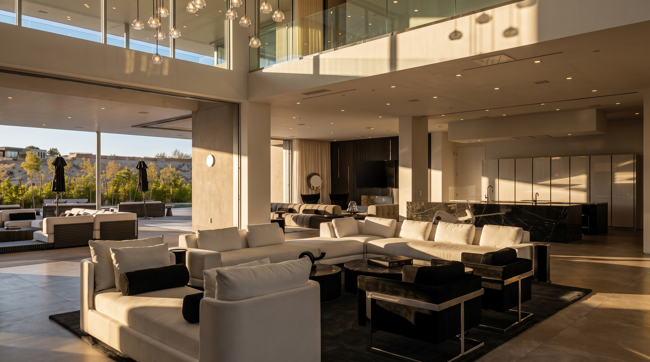This expansive, open-concept living area features a modern aesthetic with a neutral color palette and high ceilings. The space is anchored by a large white sectional sofa and black accent chairs, set against a dark area rug, while a sleek kitchen with a dark stone island is visible in the background. Large glass walls slide open to reveal an outdoor patio, creating a seamless transition between the indoor living space and the exterior environment.