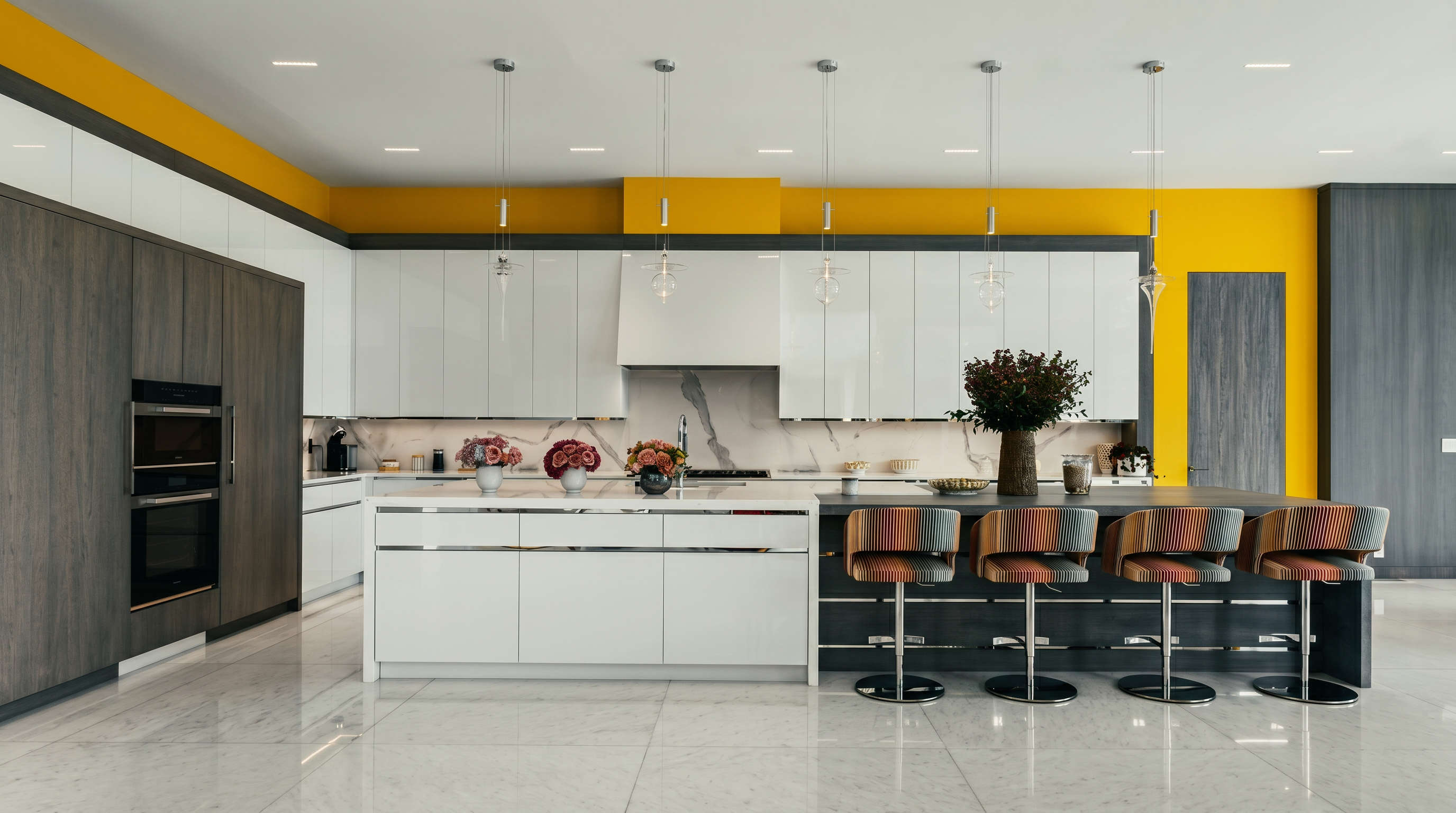 This modern, high-contrast kitchen features a striking combination of white cabinetry, grey wood-toned accents, and a bold yellow wall accent that wraps around the upper perimeter. A large central island provides ample workspace and seating with four patterned bar stools, while sleek pendant lights hang above. The space is finished with light-colored stone flooring and a stone backsplash, creating a bright, clean, and contemporary aesthetic.