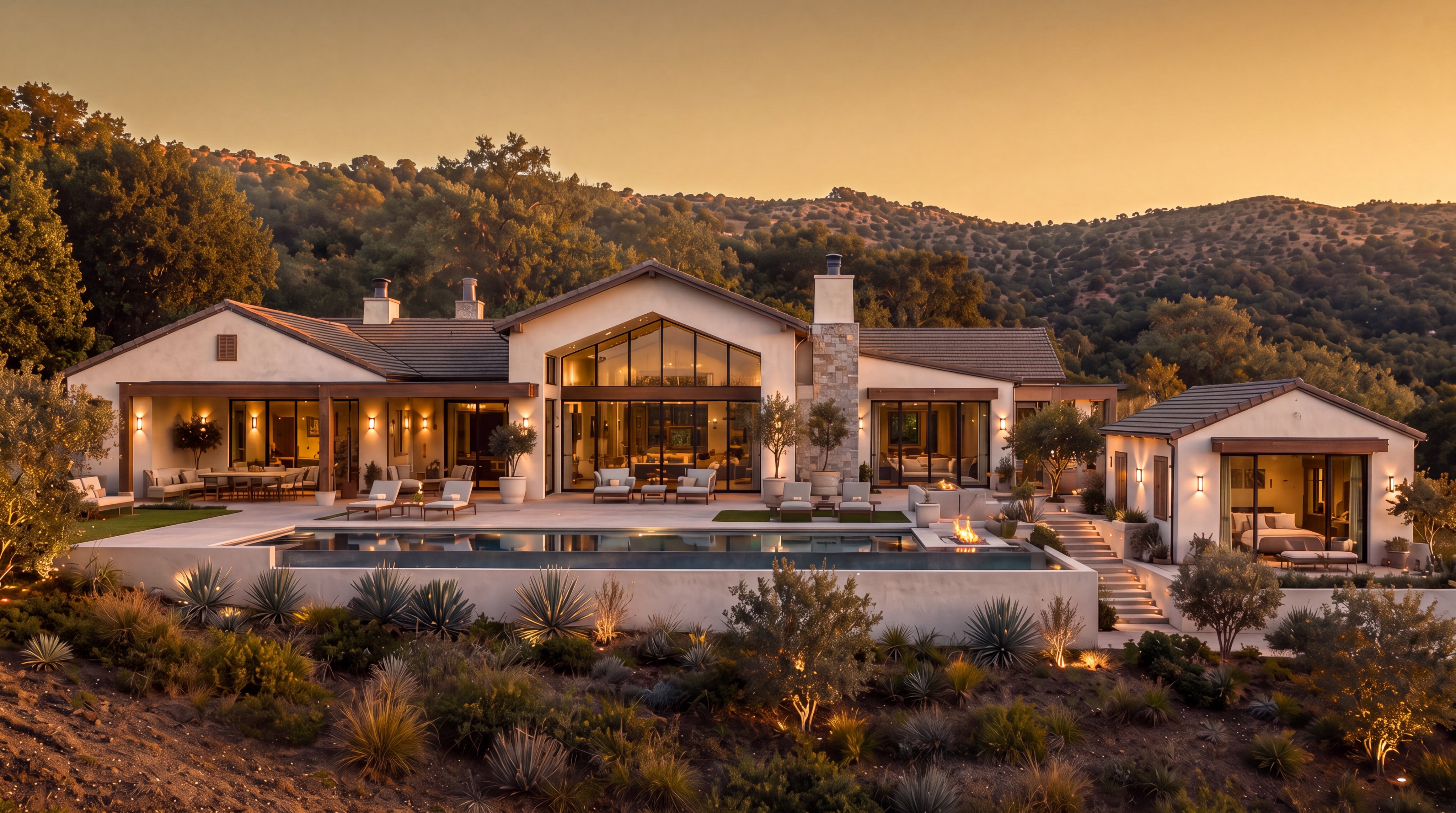 This stunning Mediterranean-style estate features a expansive rear facade with a large infinity-edge swimming pool and a manicured patio area. The architectural design highlights grand floor-to-ceiling windows, natural stone elements, and exposed wood beam accents, seamlessly blending luxury with the surrounding hillside landscape. It is an impressive property that offers a perfect balance of indoor-outdoor living, ideal for entertaining and relaxation.