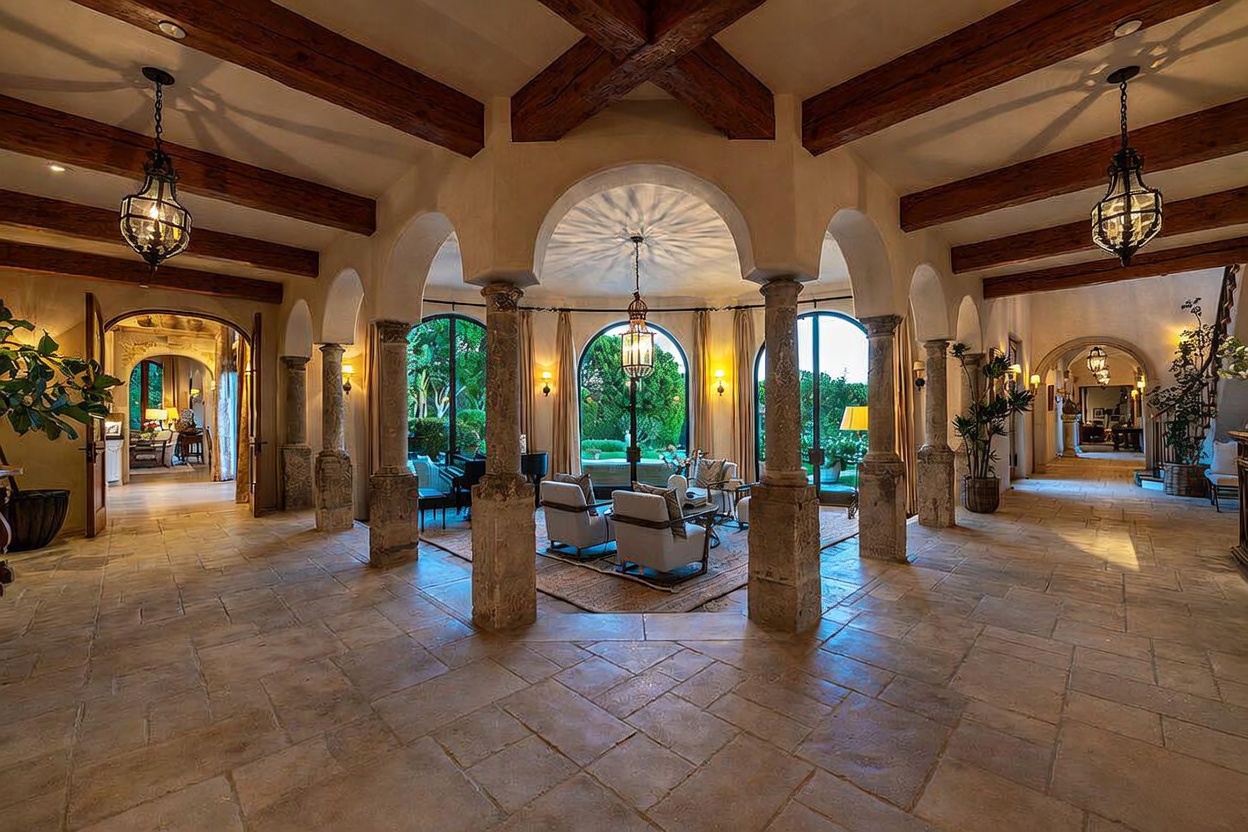 This expansive, Mediterranean-inspired living area features a central seating arrangement framed by stone columns and arched openings. The space is defined by exposed wood ceiling beams, stone tile flooring, and multiple hanging lanterns that create a warm, sophisticated atmosphere. Large glass doors provide a seamless transition to the outdoor greenery, emphasizing an open and airy architectural design.