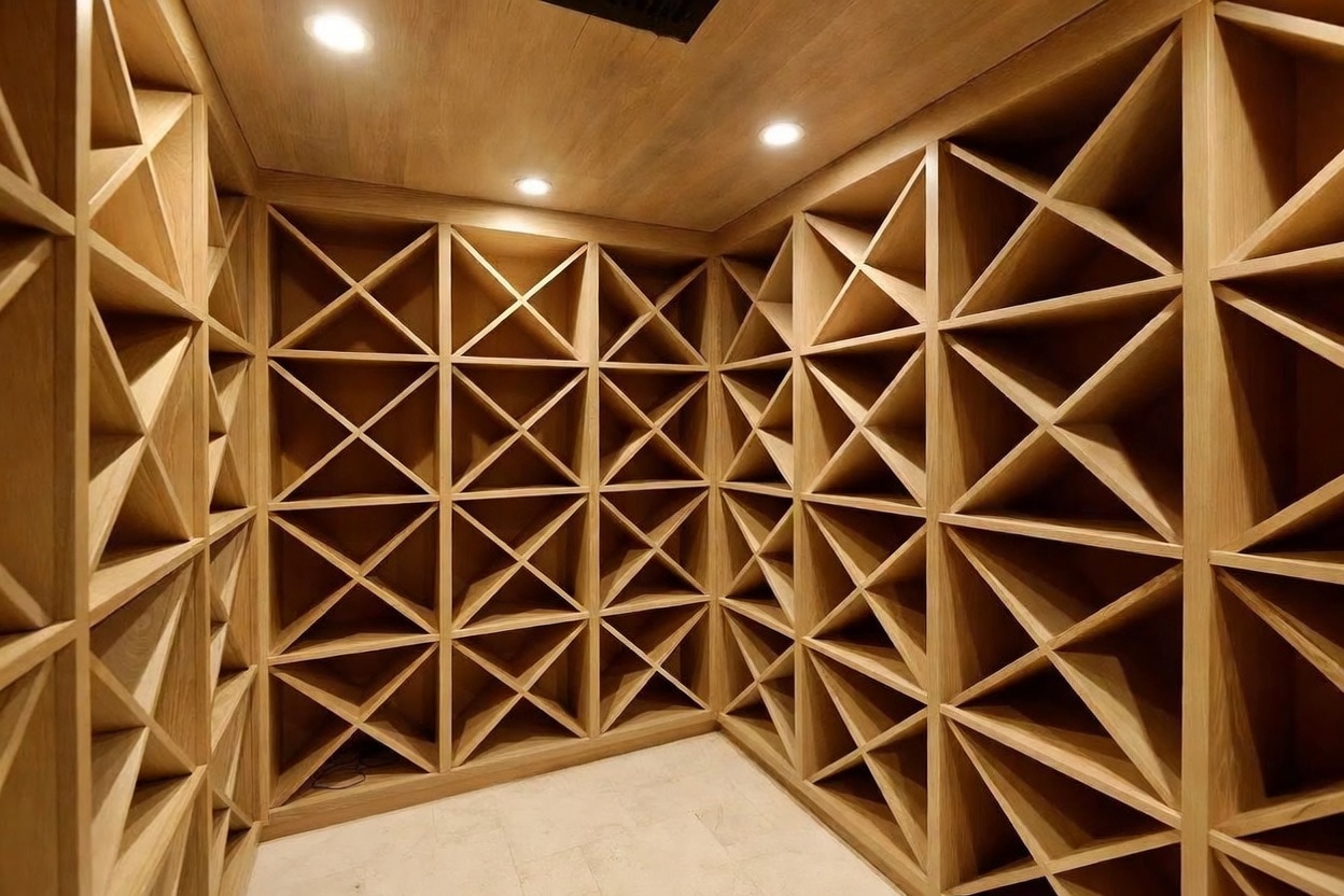 This dedicated wine cellar features custom-built light wood shelving arranged in a classic X-pattern grid, designed for optimal bottle storage. The space is illuminated by recessed ceiling lights that highlight the warm tones of the woodwork and the clean, neutral-toned tile flooring. The perspective is a wide-angle view from the center of the room, showcasing the symmetrical and organized layout of the storage units.