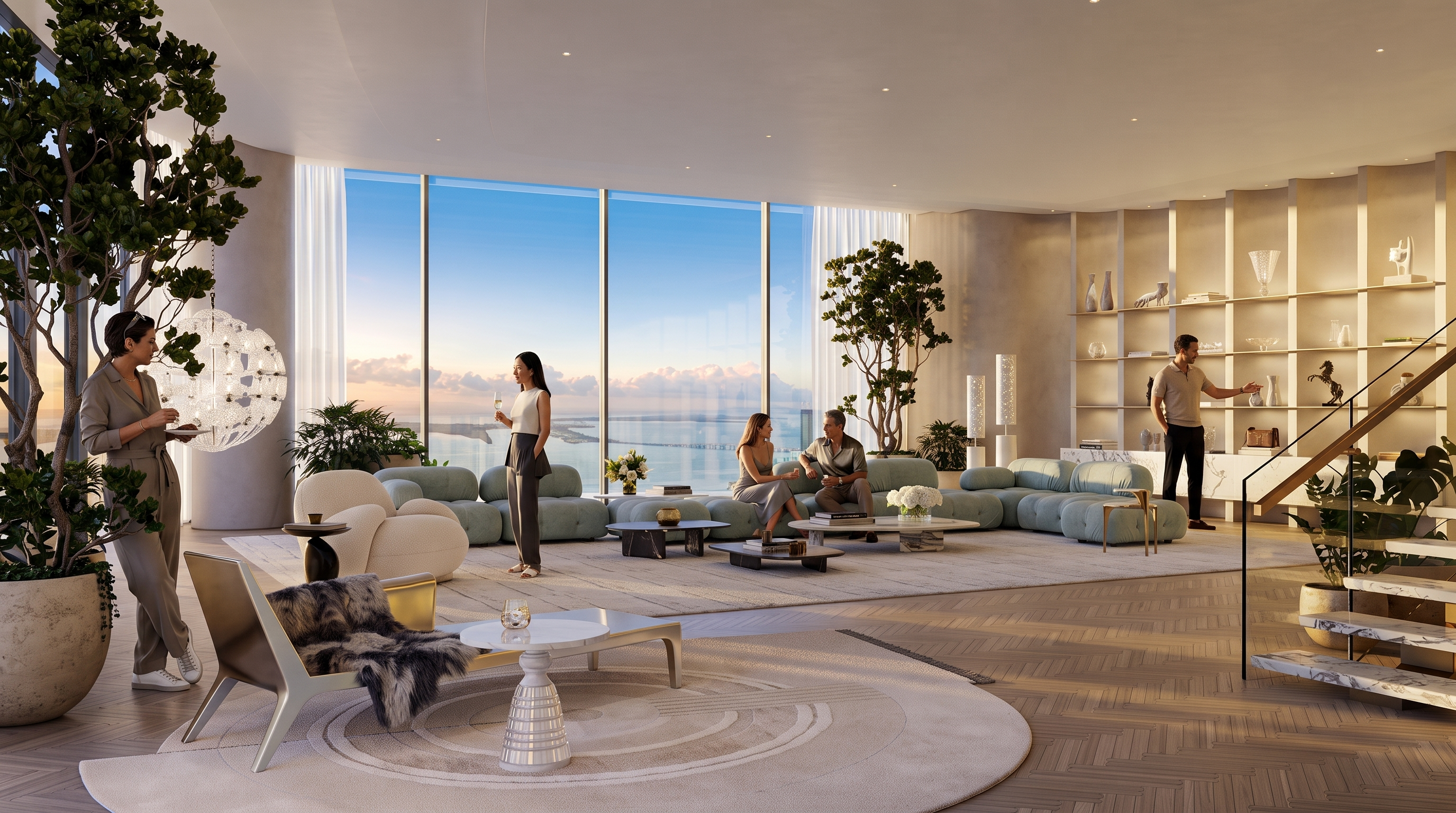 This expansive, modern living room features a sophisticated open-concept layout with light wood herringbone flooring and a neutral color palette. The space is anchored by a large, modular sofa and a circular area rug, all positioned to take advantage of the panoramic water views framed by floor-to-ceiling windows. A tall, built-in shelving unit provides elegant display space, while a sculptural chandelier adds a touch of artistic flair to the airy, high-ceilinged room.