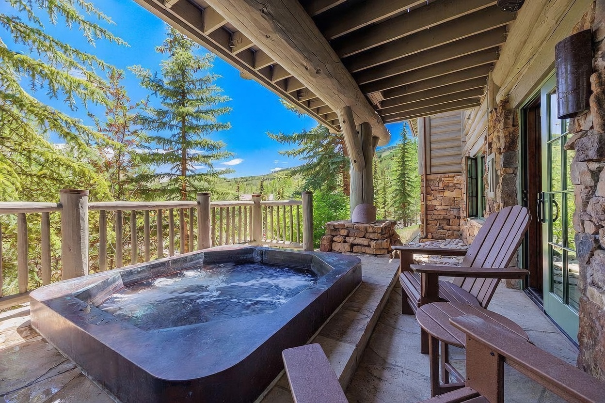 This inviting mountain-style deck features a built-in hot tub set into a stone-clad base, perfect for relaxing while taking in the expansive forest and mountain views. The space is covered by a rustic timber-framed roof structure and includes comfortable wooden lounge chairs, creating a serene outdoor retreat. The combination of natural stone, exposed wood beams, and lush surrounding greenery emphasizes a luxurious, nature-integrated aesthetic.
