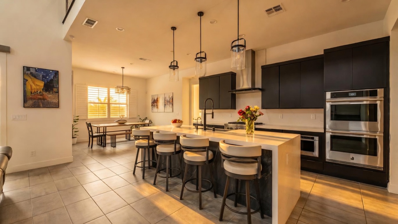 This modern, open-concept kitchen features sleek black cabinetry contrasted by a large central island with a light-toned countertop and bar seating. Three pendant lights hang above the island, while a dining area with a table and chairs is visible in the background near a window. The space is finished with neutral-toned floor tiles and recessed lighting, creating a bright and contemporary atmosphere.