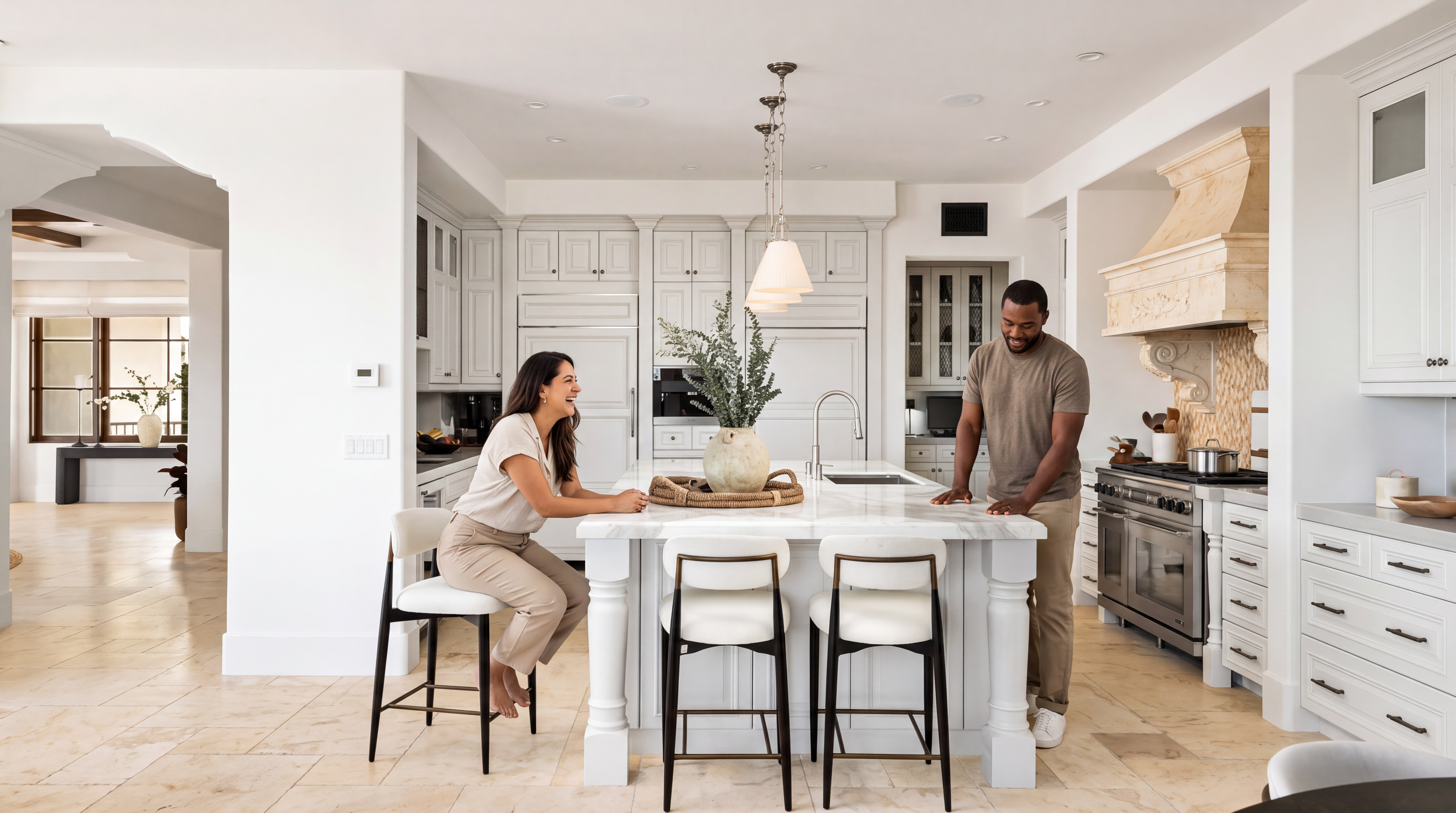 This bright, modern kitchen features high-end finishes including white custom cabinetry, a large marble-topped island with seating for three, and premium stainless steel appliances. The space is accented by a unique, decorative range hood and elegant pendant lighting, creating a warm and inviting atmosphere. A couple is captured in a candid, happy moment, highlighting the home's suitability for comfortable and stylish daily living.