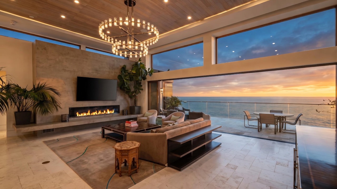 This expansive, modern living room features a neutral color palette and a large, open-concept layout that seamlessly connects to an outdoor terrace through expansive glass walls. A prominent concrete-style chimney breast houses a wide, linear fireplace and a wall-mounted television, serving as the room's focal point beneath a light wood-paneled ceiling. The space is furnished with a plush sofa, a large coffee table, and a decorative side table, all anchored by a soft area rug, while a grand chandelier adds a touch of elegance to the sophisticated interior.