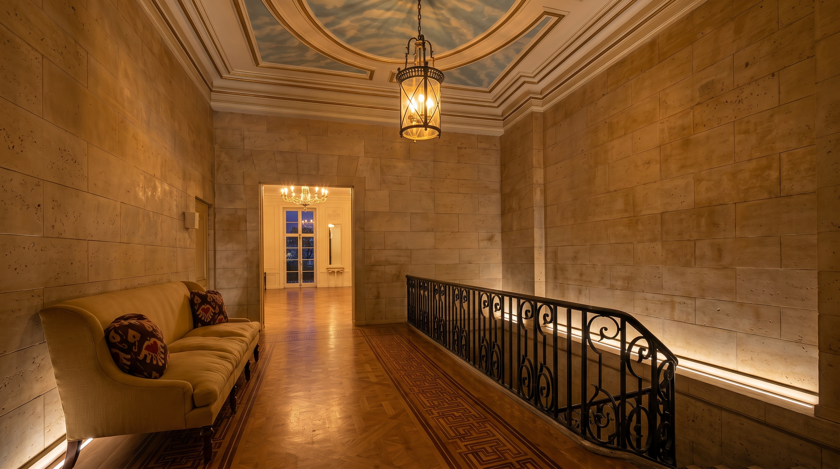 This elegant landing area features stone-clad walls and a sophisticated wrought-iron railing overlooking a staircase. The space is highlighted by a decorative ceiling mural and a classic lantern-style pendant light, while a plush sofa with patterned pillows adds a touch of comfort. A view through the doorway reveals an adjacent room with a crystal chandelier, emphasizing the home's grand and traditional architectural style.