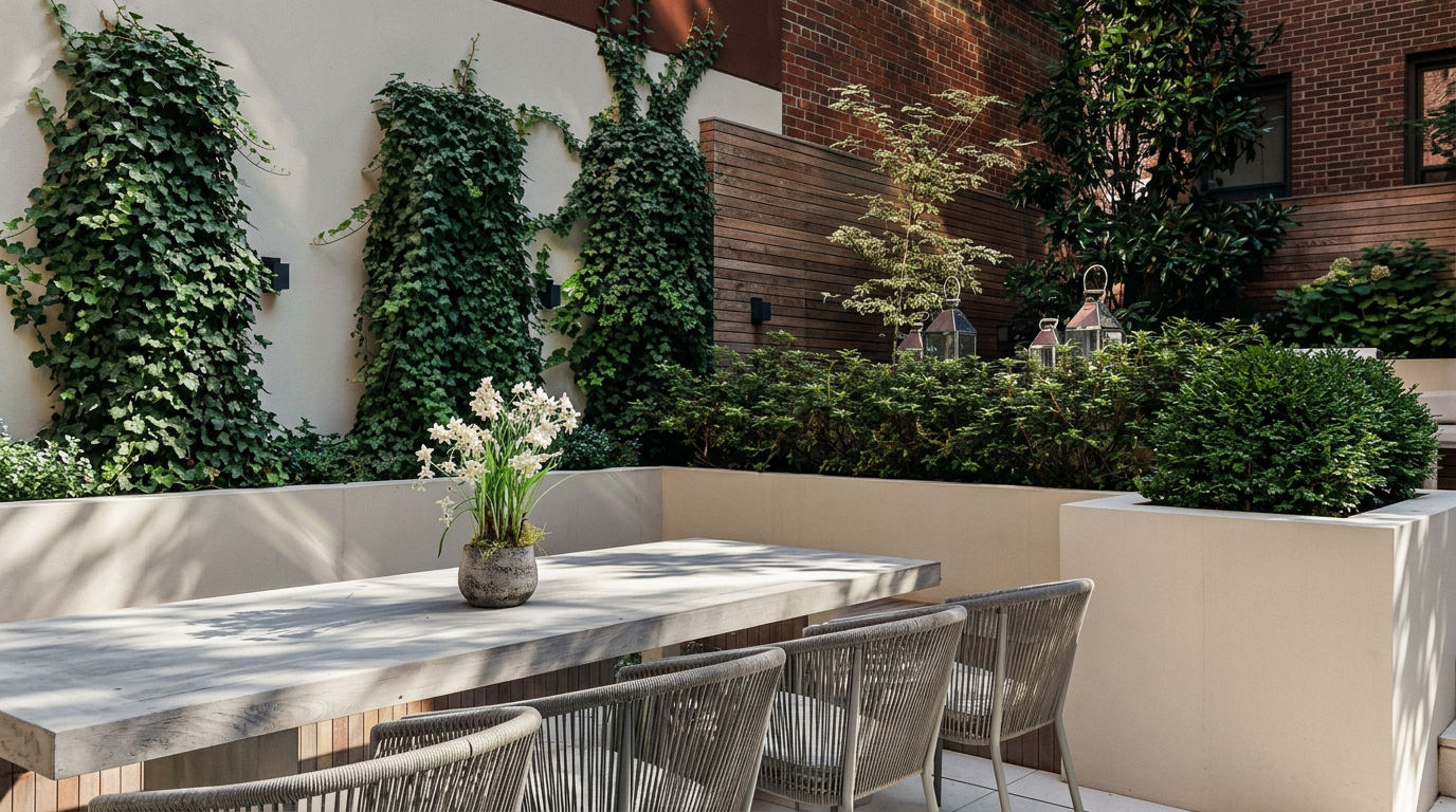 This elegant outdoor patio features a sleek, light-toned dining table paired with modern, woven-back chairs, creating a sophisticated space for al fresco dining. The area is framed by a lush green ivy-covered wall and a warm wooden slat privacy screen, complemented by a manicured hedge and decorative lanterns. The perspective is a low-angle, eye-level shot that emphasizes the clean lines and inviting, tranquil atmosphere of this urban oasis.