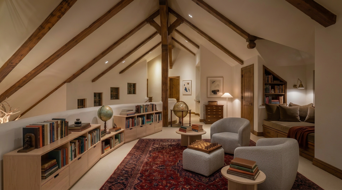 This sophisticated attic space features dramatic vaulted ceilings with exposed wood beams and architectural trusses, creating a warm, cozy atmosphere. The room is thoughtfully furnished as a cozy reading and lounge area, complete with built-in bookshelves, plush armchairs, and a built-in window bench. A large, ornate area rug and decorative globes add a touch of timeless, scholarly elegance, making it an ideal retreat.