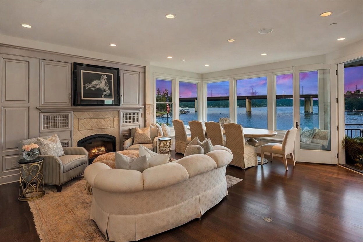 This elegant living area features a curved sofa and plush armchairs arranged around a cozy fireplace with a decorative mantel and built-in cabinetry. Large windows provide expansive views of the water and a bridge, bathing the room in natural light. The space seamlessly transitions into a dining area, creating an open-concept layout with rich wood flooring and a sophisticated, inviting atmosphere.