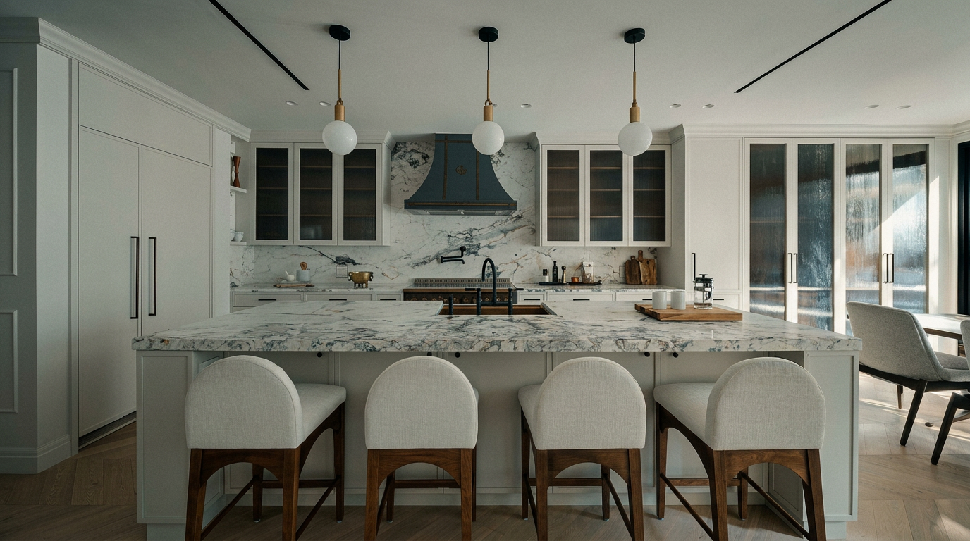 This sophisticated, high-end kitchen features a large central island with a striking marble countertop and four upholstered bar stools. The space is defined by clean white cabinetry, a custom range hood, and elegant pendant lighting that creates a bright, airy atmosphere. The herringbone wood flooring and glass-paneled cabinetry add a touch of warmth and texture to this modern, luxury design.