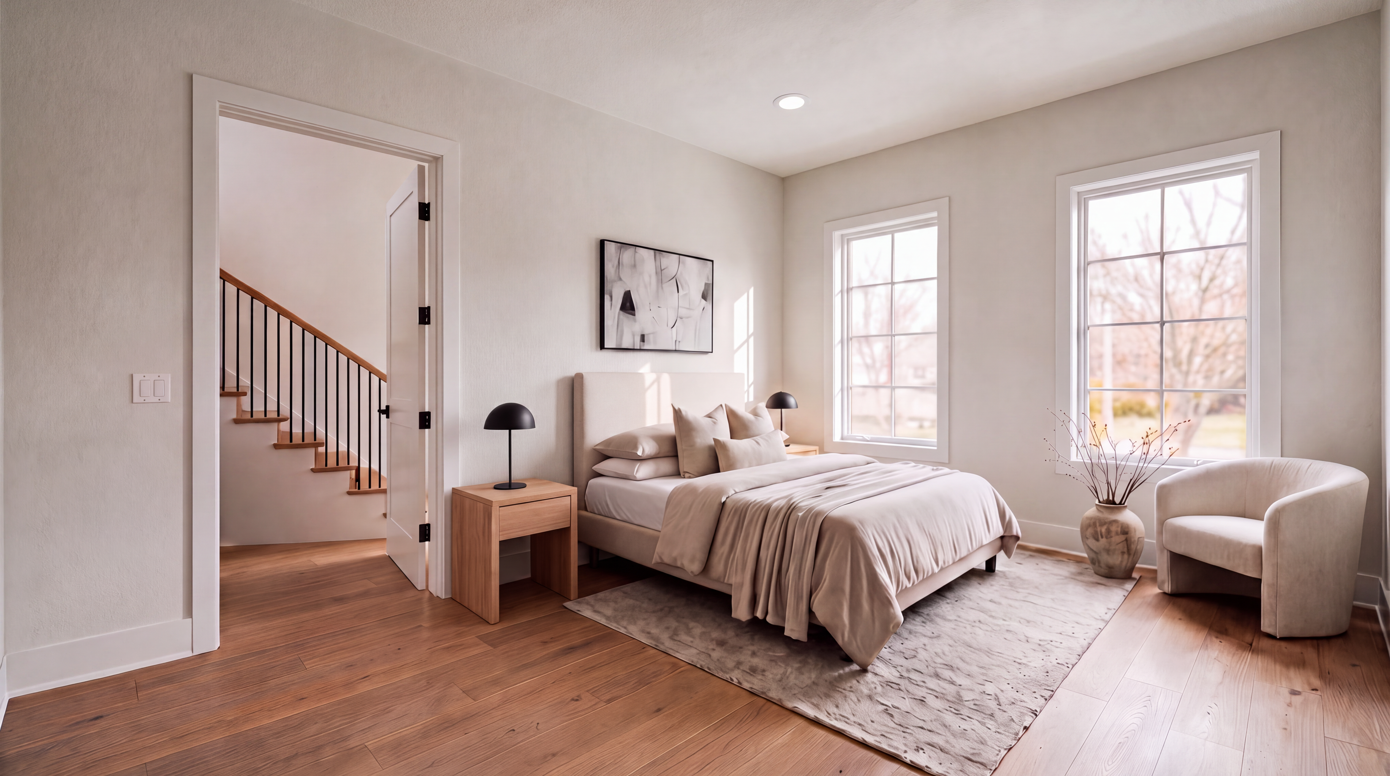 This serene bedroom features a neutral color palette, light wood flooring, and minimalist decor, creating a calm and inviting atmosphere. The space includes a well-appointed bed with layered linens, large windows that bring in natural light, and a cozy armchair, seamlessly connecting to an adjacent staircase area through an open doorway.