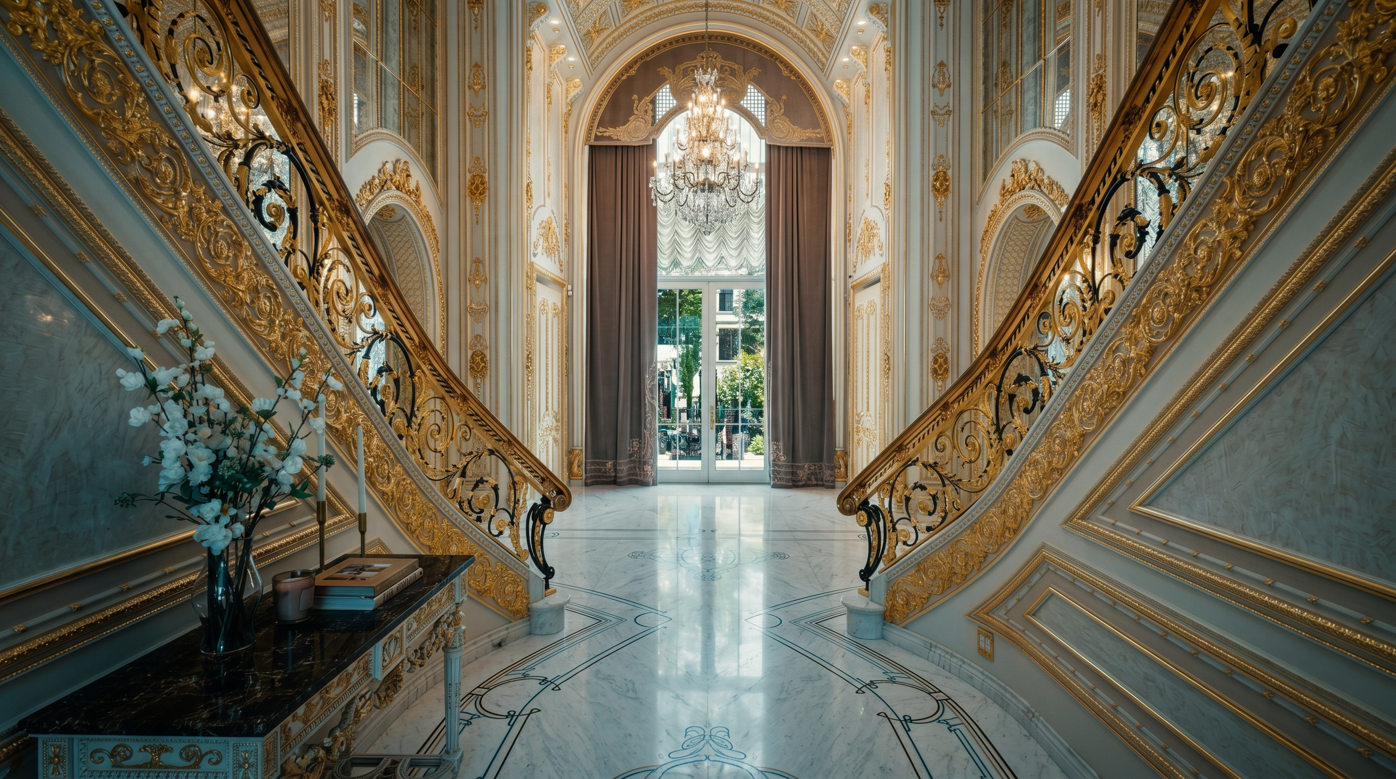 This grand foyer features a symmetrical double staircase with ornate gold-leaf railings and intricate ironwork, leading to a high-arched entryway. The space is defined by opulent neoclassical design, including polished marble floors with inlaid patterns, gold-trimmed wall moldings, and a sparkling crystal chandelier. The perspective is centered and cinematic, drawing the eye through the arched doorway toward the bright exterior view.