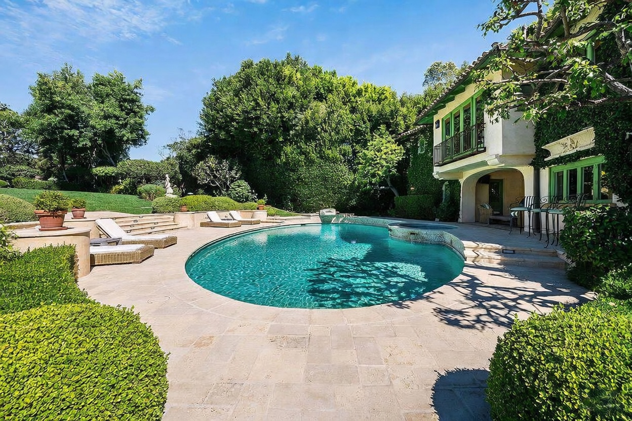 This expansive backyard features a large, curved swimming pool with a built-in spa, set against a backdrop of lush, mature trees and manicured hedges. The stone-paved pool deck provides ample space for lounging, with several chaise lounges arranged near the water's edge. The adjacent home showcases a Mediterranean-inspired architectural style with light-colored stucco walls, green-trimmed windows, and a balcony overlooking the serene outdoor living area.