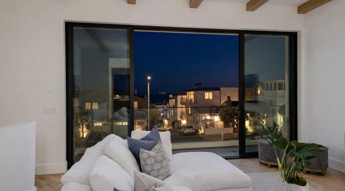 This living room features a bright, airy aesthetic with crisp white walls and expansive floor-to-ceiling sliding glass doors that frame a beautiful evening neighborhood view. The space is anchored by a plush white sectional sofa adorned with decorative cushions, adding a cozy and luxurious feel. With its seamless indoor-outdoor transition and neutral palette, the room represents a refined, modern coastal living experience.