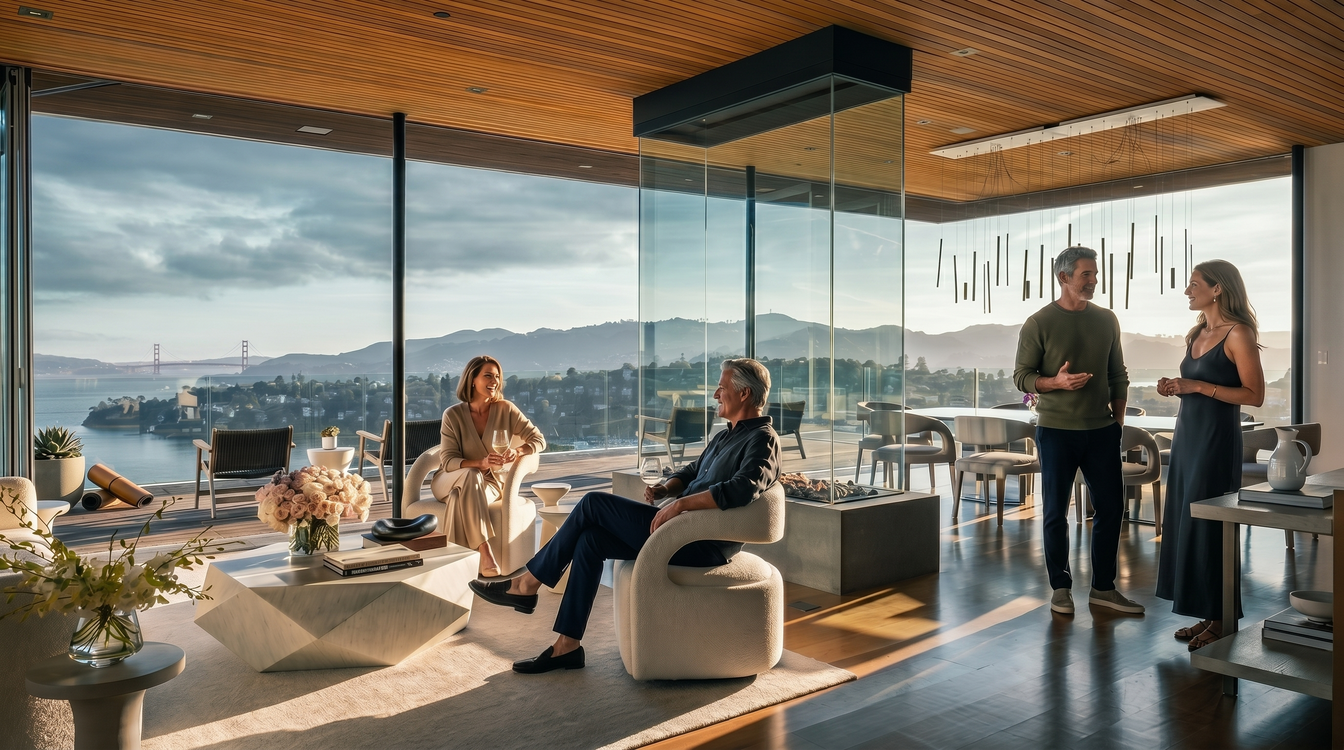 This expansive open-concept living and dining area features warm wood-paneled ceilings and polished light wood flooring, creating a seamless transition between indoor and outdoor spaces. A central glass-enclosed fireplace serves as a striking focal point, while floor-to-ceiling glass walls frame panoramic views of the bay and distant hills. The room is furnished with contemporary, curved seating and a geometric coffee table, emphasizing a sophisticated, airy aesthetic.