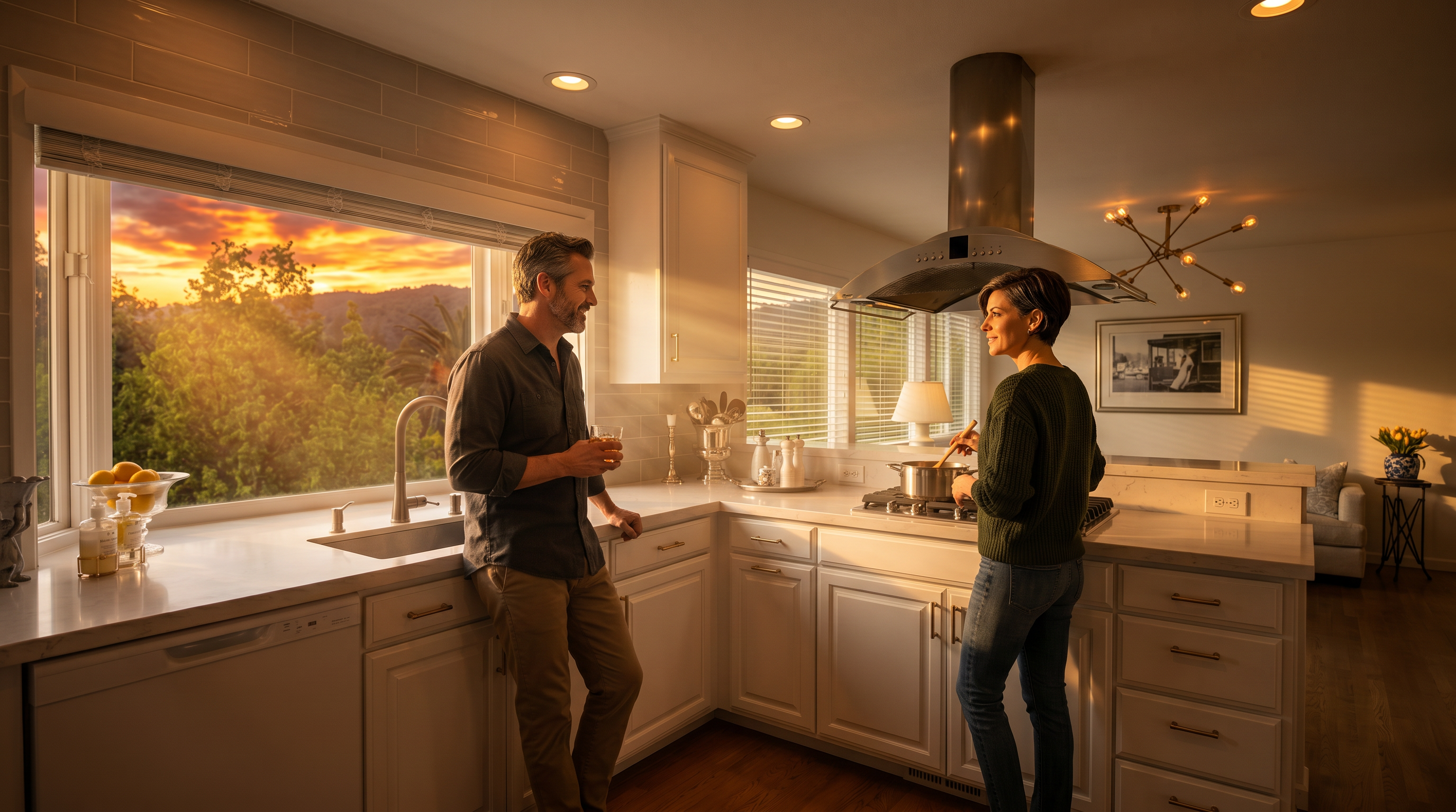 This bright and airy kitchen features crisp white cabinetry, light-toned countertops, and a large window above the sink that provides a scenic view of the surrounding greenery. A stainless steel range hood hangs above the cooktop, which is set into an L-shaped counter configuration with light wood flooring throughout. The space is illuminated by recessed lighting and a modern chandelier in the adjacent dining area, creating a clean and inviting atmosphere.