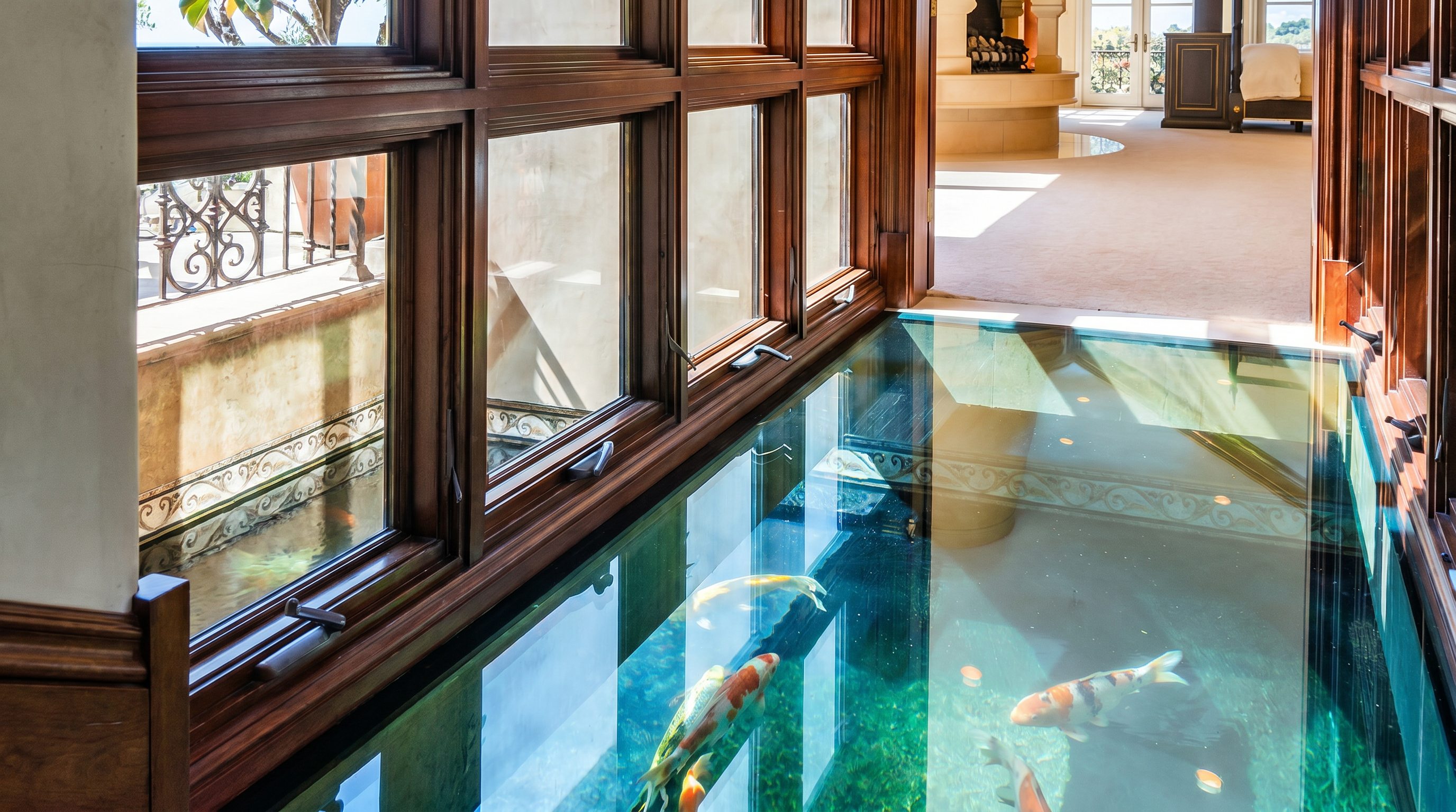 This unique hallway features a glass floor panel that reveals a koi pond beneath, creating a striking architectural focal point. The corridor is lined with large, multi-paned windows that offer views of the outdoor terrace and ocean, while a doorway leads into a spacious room featuring a prominent, tall stone fireplace. The design blends luxury with natural elements, providing a sophisticated and serene transition between living spaces.