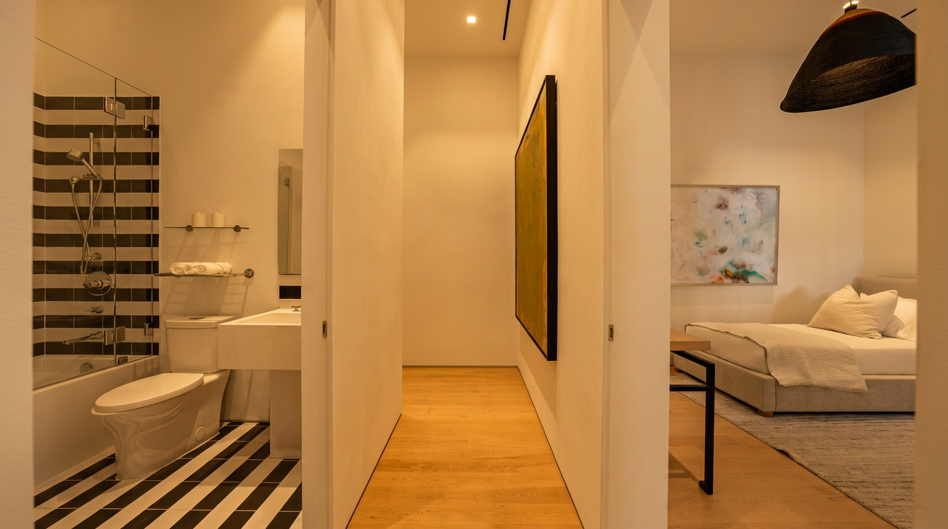 This interior view captures a bright hallway connecting a bathroom on the left to a bedroom on the right. The space features light wood flooring, crisp white walls, and a large, vertical abstract painting that adds a pop of color to the corridor. A modern black pendant light hangs in the bedroom, while the bathroom showcases a striking black-and-white striped tile pattern on the wall and floor.