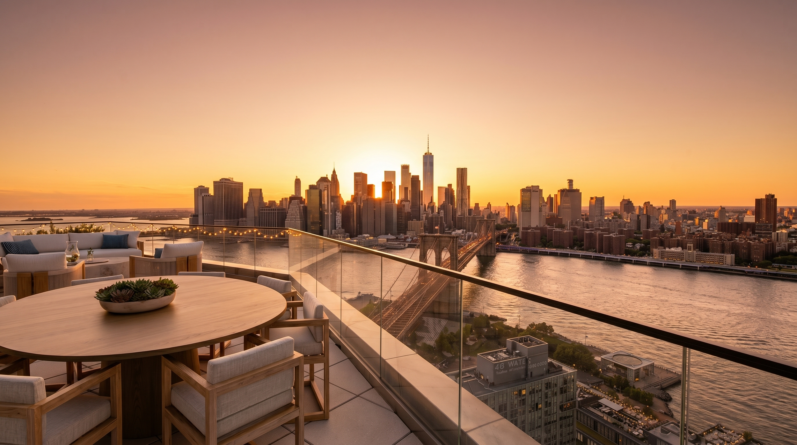 This stunning rooftop terrace offers an unparalleled panoramic view of the New York City skyline, including the iconic Brooklyn Bridge and the East River. The space is elegantly furnished with a modern circular dining table and comfortable outdoor lounge seating, creating a sophisticated setting for entertaining. The glass railing ensures an unobstructed, cinematic perspective of the urban landscape, emphasizing the luxury and prime location of the property.