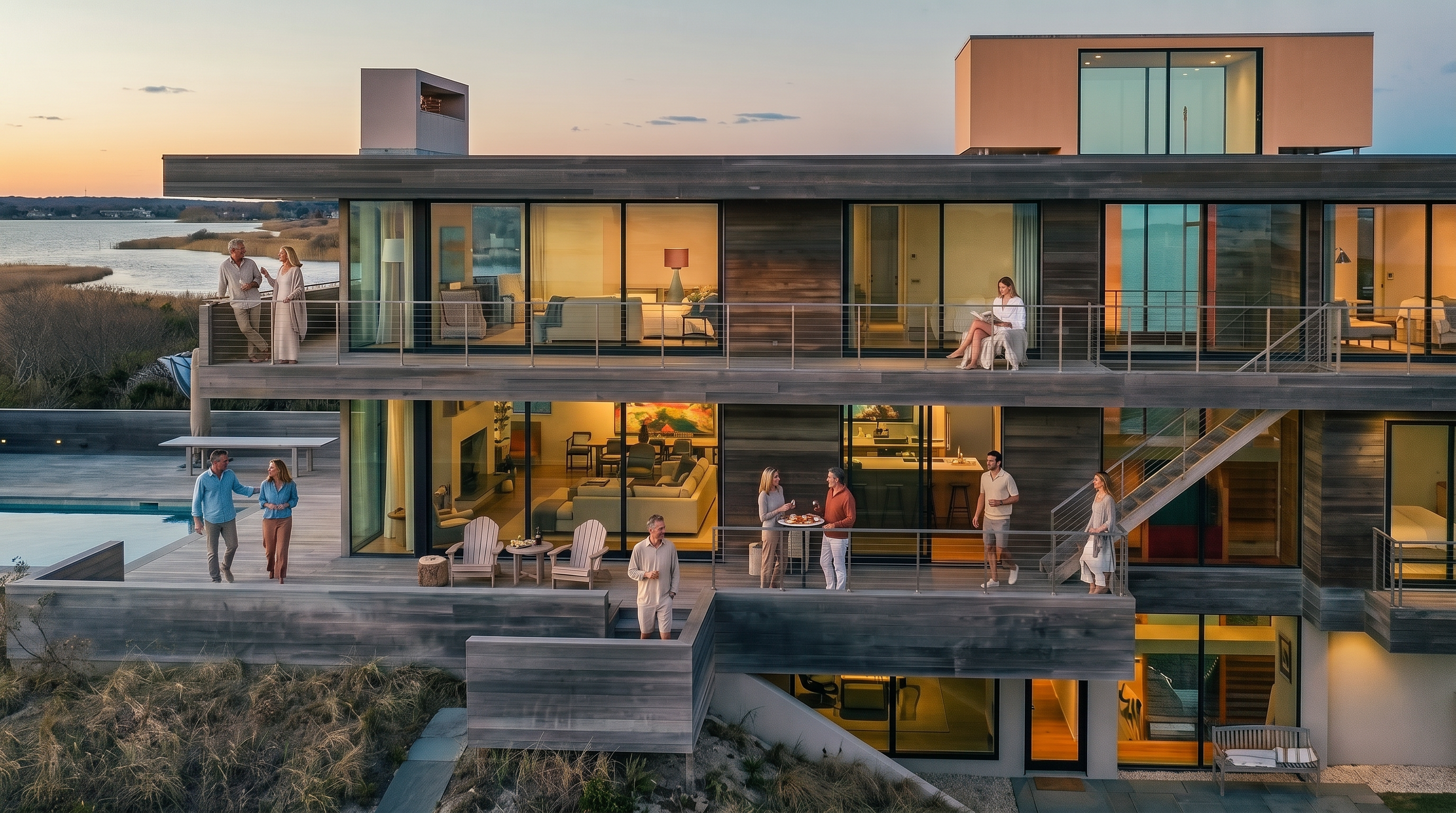 This striking modern residence is captured from an elevated perspective, showcasing its expansive, multi-level design integrated into a coastal landscape. The structure features horizontal wood siding, extensive glass walls that provide panoramic views of the adjacent water, and multiple tiered decks. The home is nestled behind natural, low-lying coastal vegetation, emphasizing a seamless connection between contemporary architecture and the surrounding environment.
