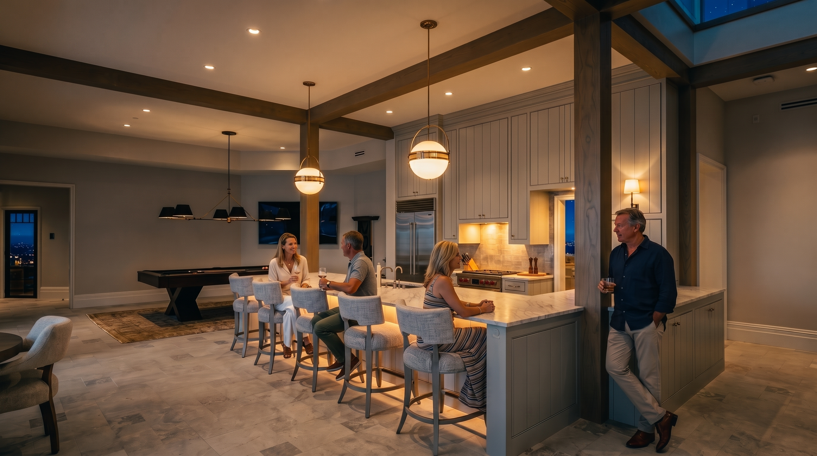 This expansive, open-concept kitchen features a large central island with seating for five, topped with light-toned stone and illuminated by two spherical pendant lights. The space is defined by light wood structural beams and cabinetry in a soft grey finish, seamlessly transitioning into a game area with a pool table. The perspective is a wide-angle shot from the kitchen island, showcasing the high ceilings and the bright, airy atmosphere of the home.