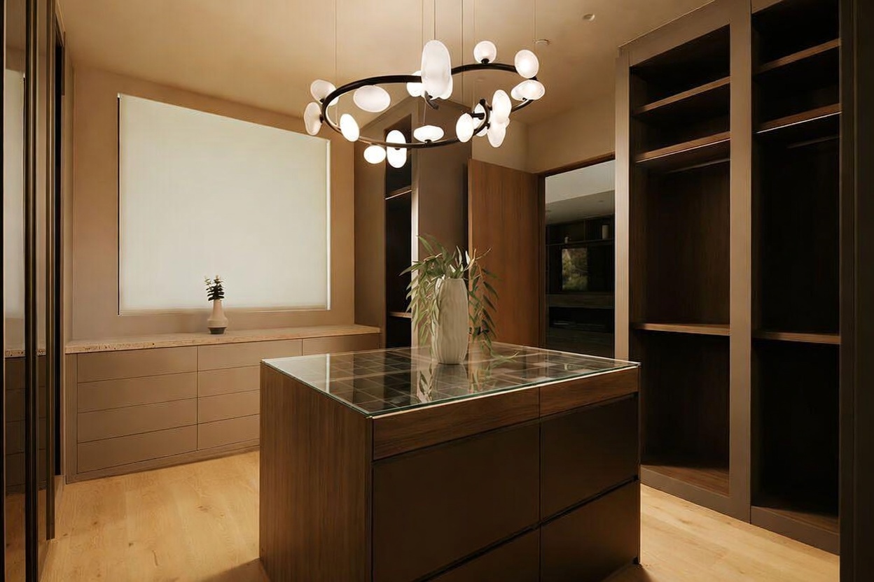 This sophisticated walk-in closet features a central island with a glass top, providing a clear view of the storage compartments below. The room is illuminated by a modern, circular chandelier with multiple glowing orbs, casting a warm light over the light wood flooring and dark cabinetry. The space is designed with ample open shelving and built-in storage, creating a clean, organized, and luxurious atmosphere.