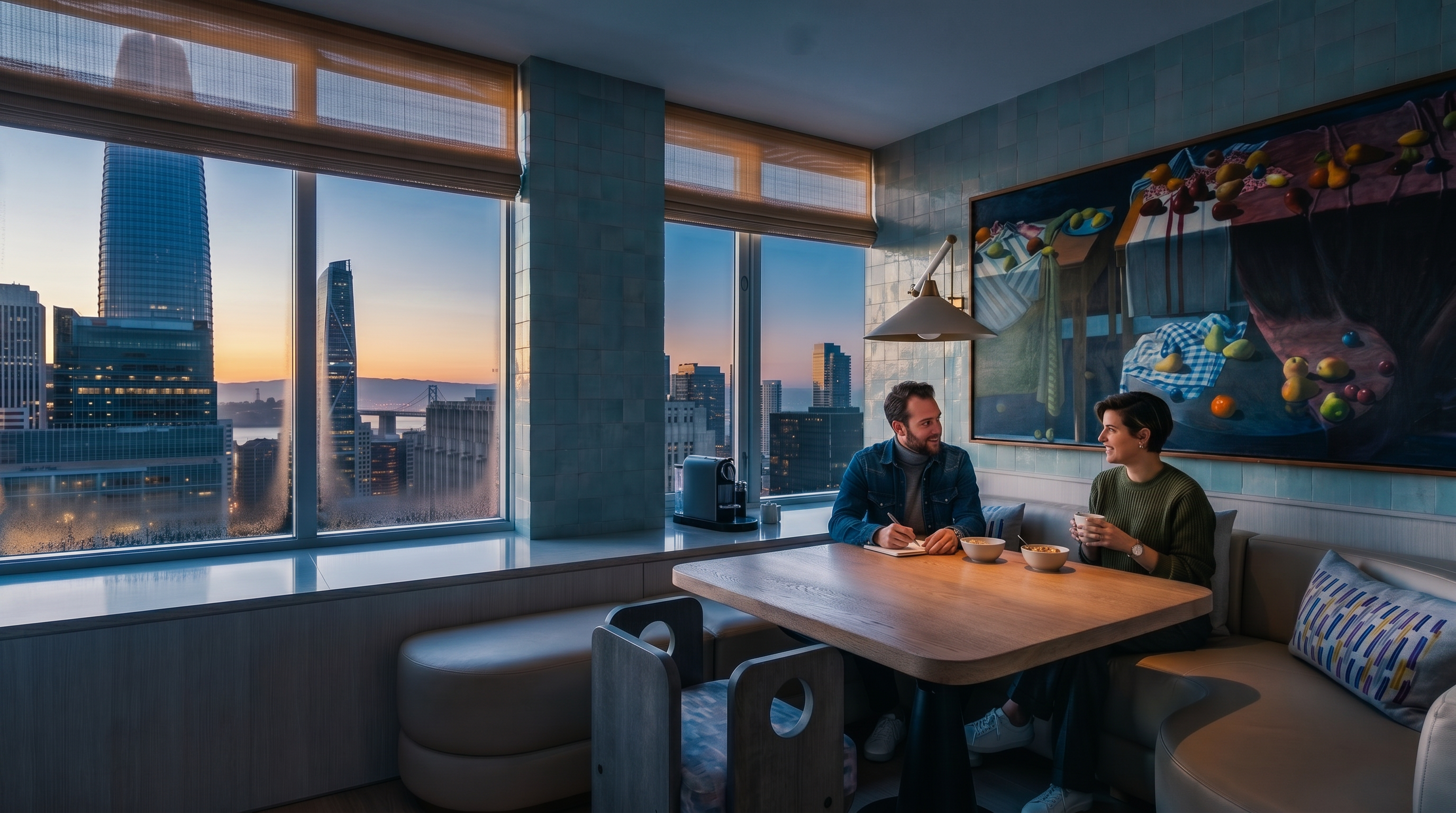 This modern dining nook features a built-in banquette with light-colored upholstery and a wooden table, positioned against a wall adorned with a large, vibrant still-life painting. The space is framed by expansive windows that offer a panoramic view of the city skyline, including iconic skyscrapers. The walls are finished with light blue square tiles, creating a bright and contemporary atmosphere.