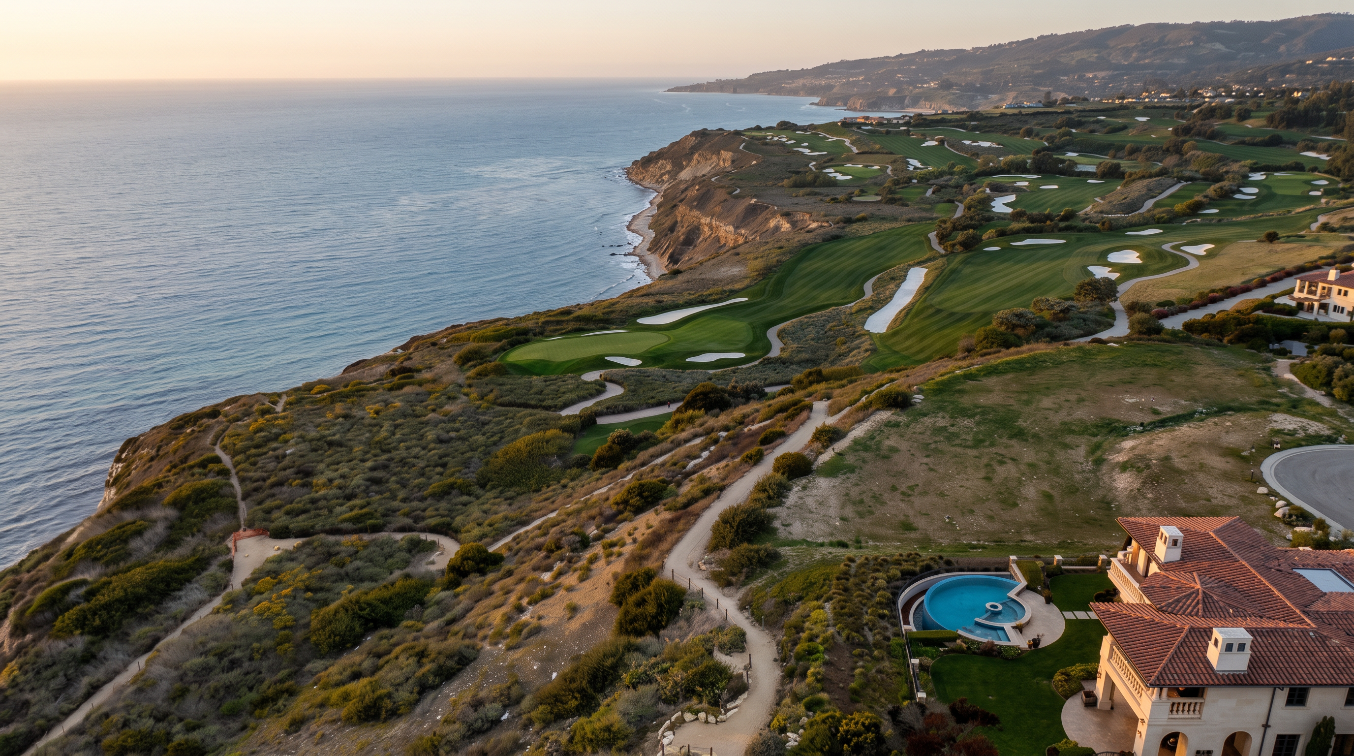 This stunning aerial perspective captures a luxury coastal estate perched on a cliffside overlooking the Pacific Ocean. The property features a private swimming pool and spa set within a manicured lawn, with a winding path leading toward the dramatic coastline and an adjacent world-class golf course. The expansive view highlights the seamless integration of high-end residential living with the natural beauty of the rugged shoreline.