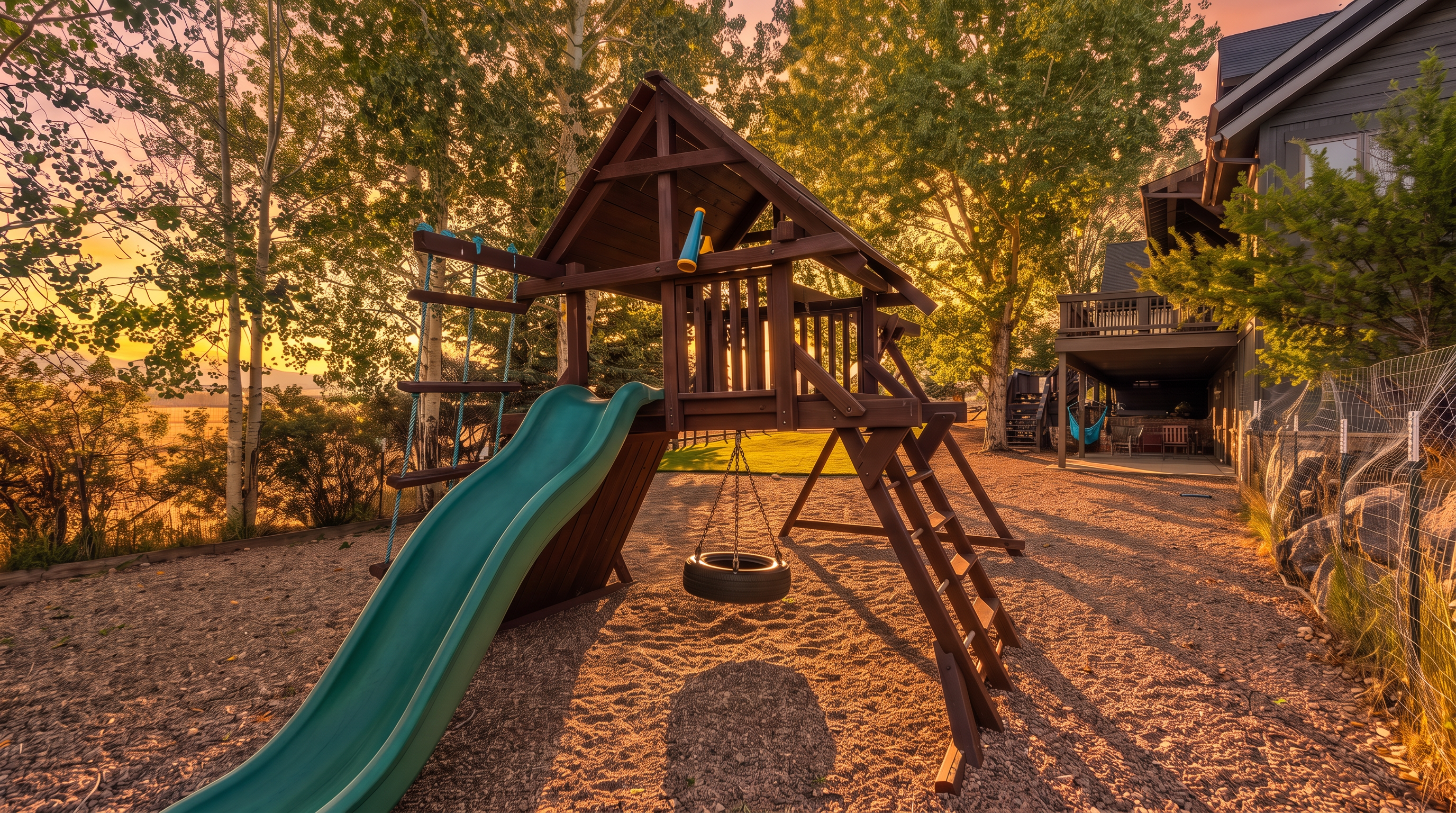 This image showcases a spacious backyard area featuring a large wooden playset with a climbing wall, tire swing, and a green slide. The ground is covered in crushed stone, and the yard is bordered by mature trees and a wire fence, creating a private and playful environment. In the background, a house with a deck is visible, suggesting a well-integrated living and recreational outdoor space.