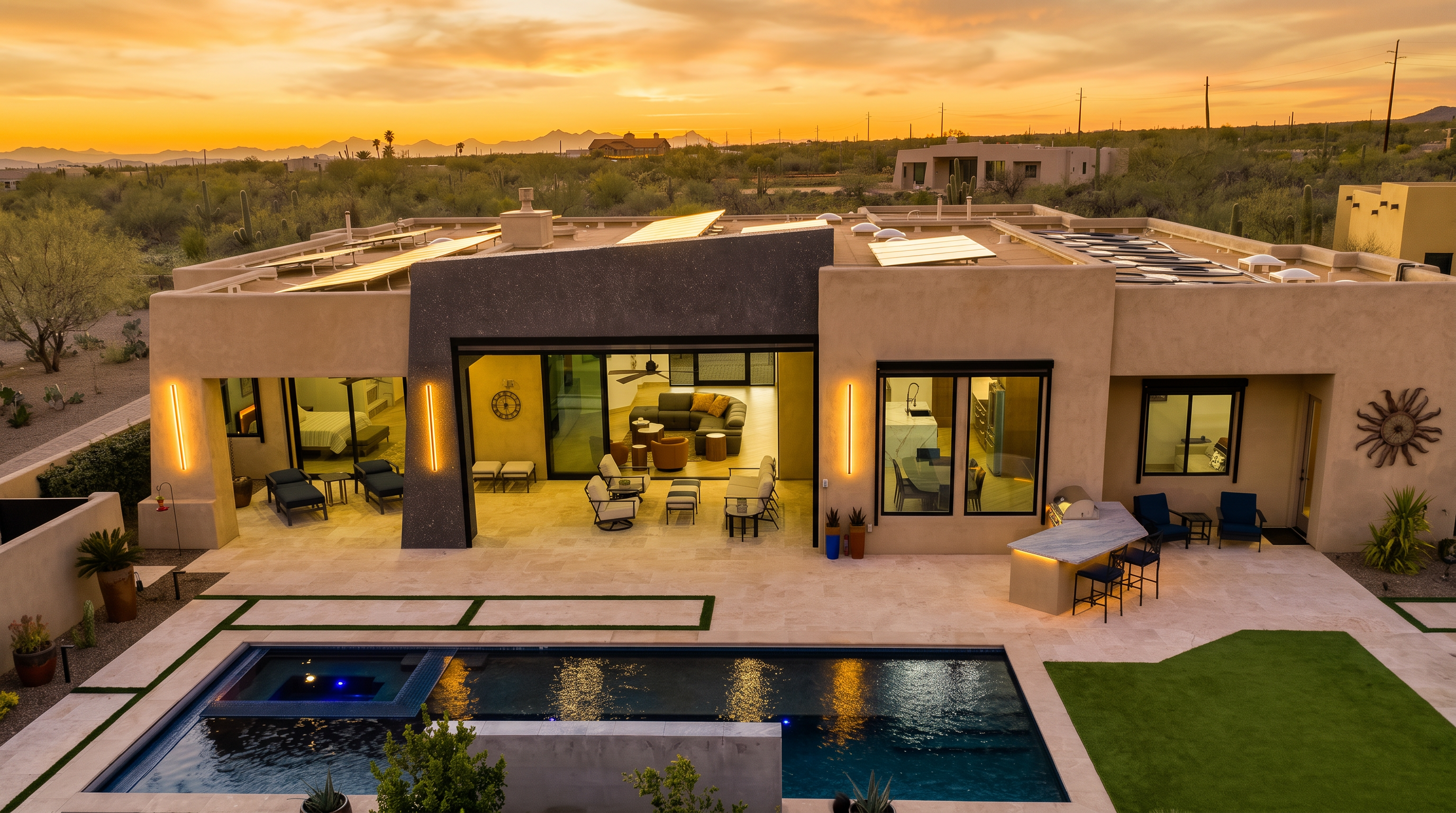This aerial perspective captures the rear of a modern desert-style home at dusk, showcasing a seamless indoor-outdoor living space. The property features a large stone-paved patio with an outdoor kitchen, a rectangular pool with an integrated spa, and a patch of artificial turf. The architecture is defined by clean lines, a dark central accent wall, and large sliding glass doors that open to reveal a bright, contemporary living area.