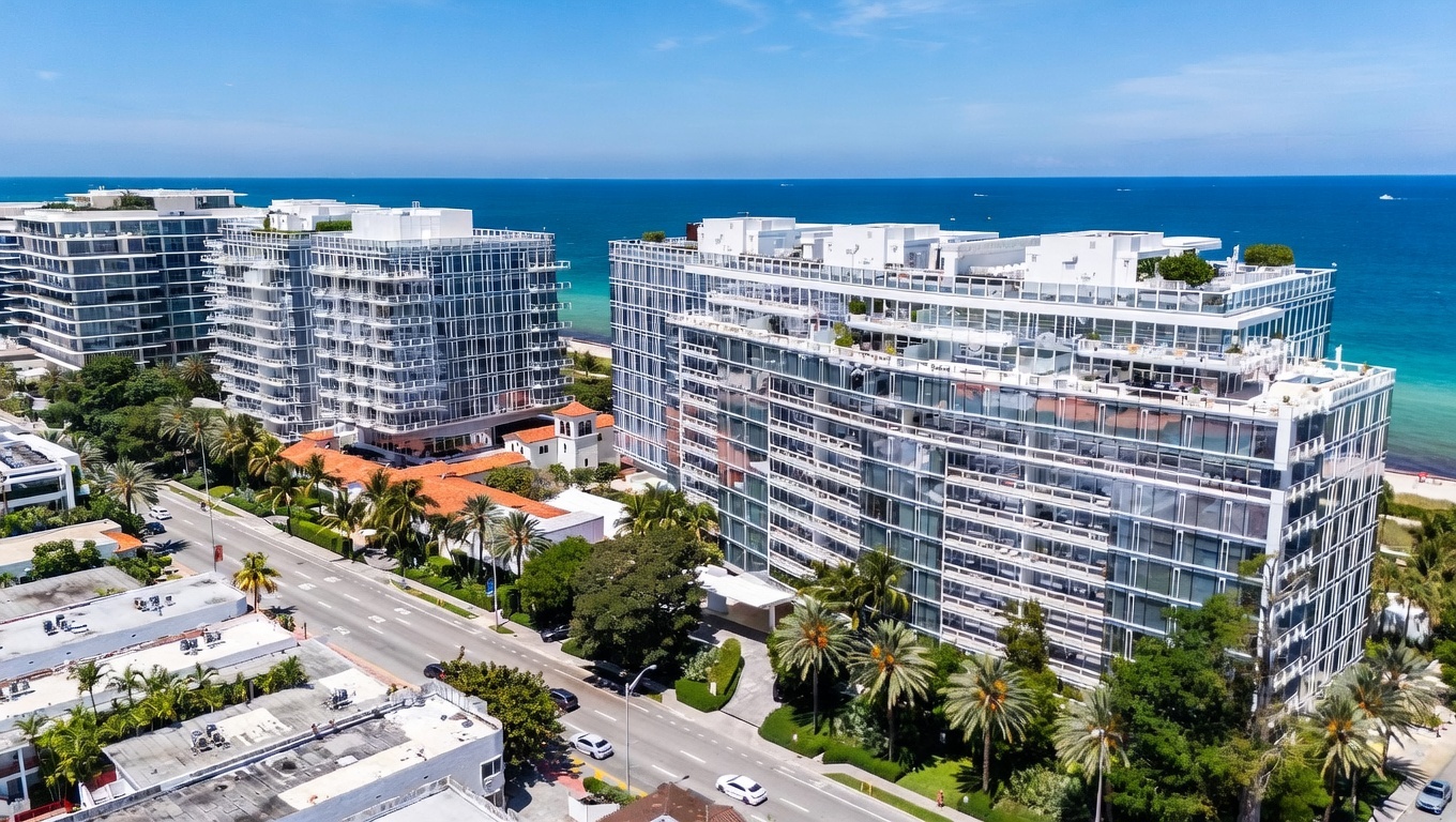 This high-angle aerial view captures a modern, multi-story residential complex situated directly along a coastal shoreline. The architecture features extensive glass facades and tiered balconies, surrounded by lush tropical landscaping and palm trees. A public road runs alongside the property, providing a clear perspective of the building's scale and its prime location near the ocean.