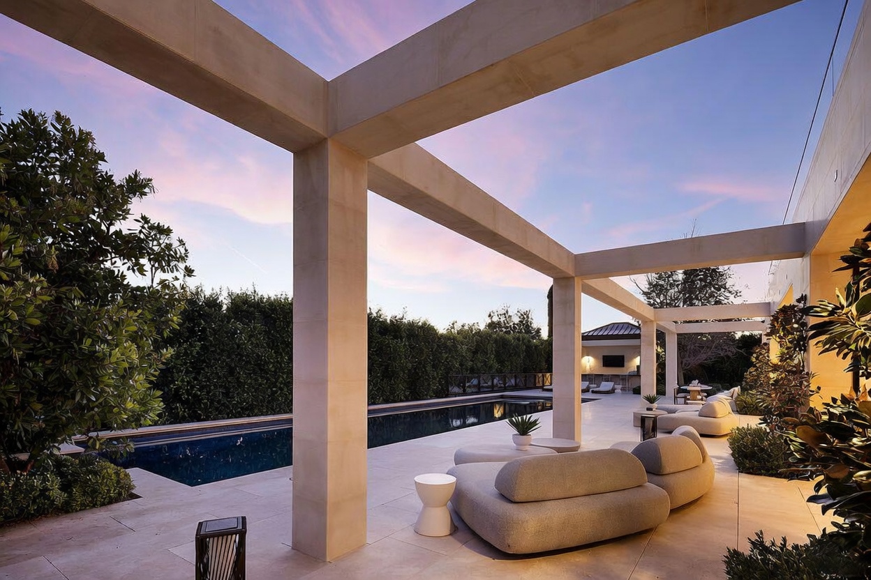 This sophisticated outdoor living space features a long, rectangular swimming pool bordered by light-toned stone decking and a modern pergola structure. The area is furnished with plush, rounded lounge seating and a small side table, creating a serene environment for relaxation. A tall, manicured hedge provides privacy, while the soft hues of a sunset sky cast a warm, inviting glow over the entire scene.