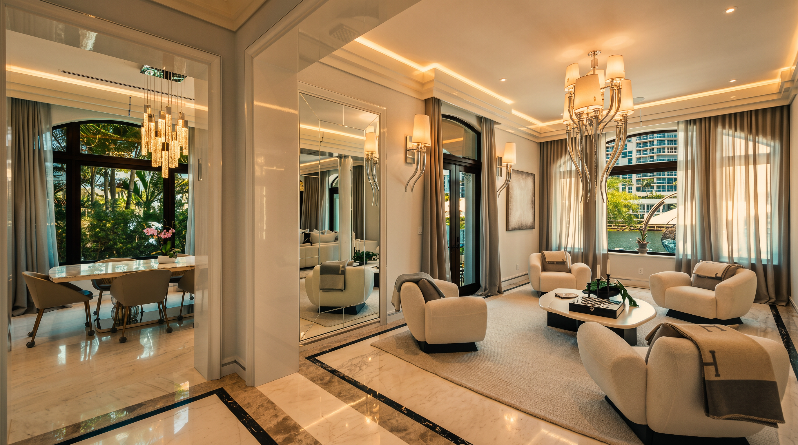 This elegant, open-concept living area features a sophisticated neutral color palette with plush white armchairs and a central coffee table. The space is illuminated by a grand, multi-tiered crystal chandelier and wall-mounted sconces, while large windows draped in floor-to-ceiling curtains provide views of the water. A glimpse into the adjacent dining room reveals a matching chandelier and a sleek table, creating a cohesive and luxurious atmosphere throughout the home.