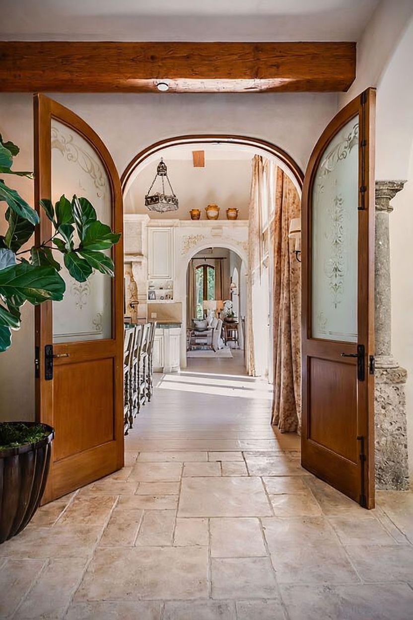 This perspective captures a grand entryway looking through arched, glass-paneled double doors into a bright, open-concept living space. The foreground features light-toned stone flooring and a rustic wood ceiling beam, while the background reveals a kitchen area with bar seating and a secondary arched passage leading to a sunlit room. The overall aesthetic is elegant and Mediterranean-inspired, emphasizing a seamless flow between the home's interior spaces.