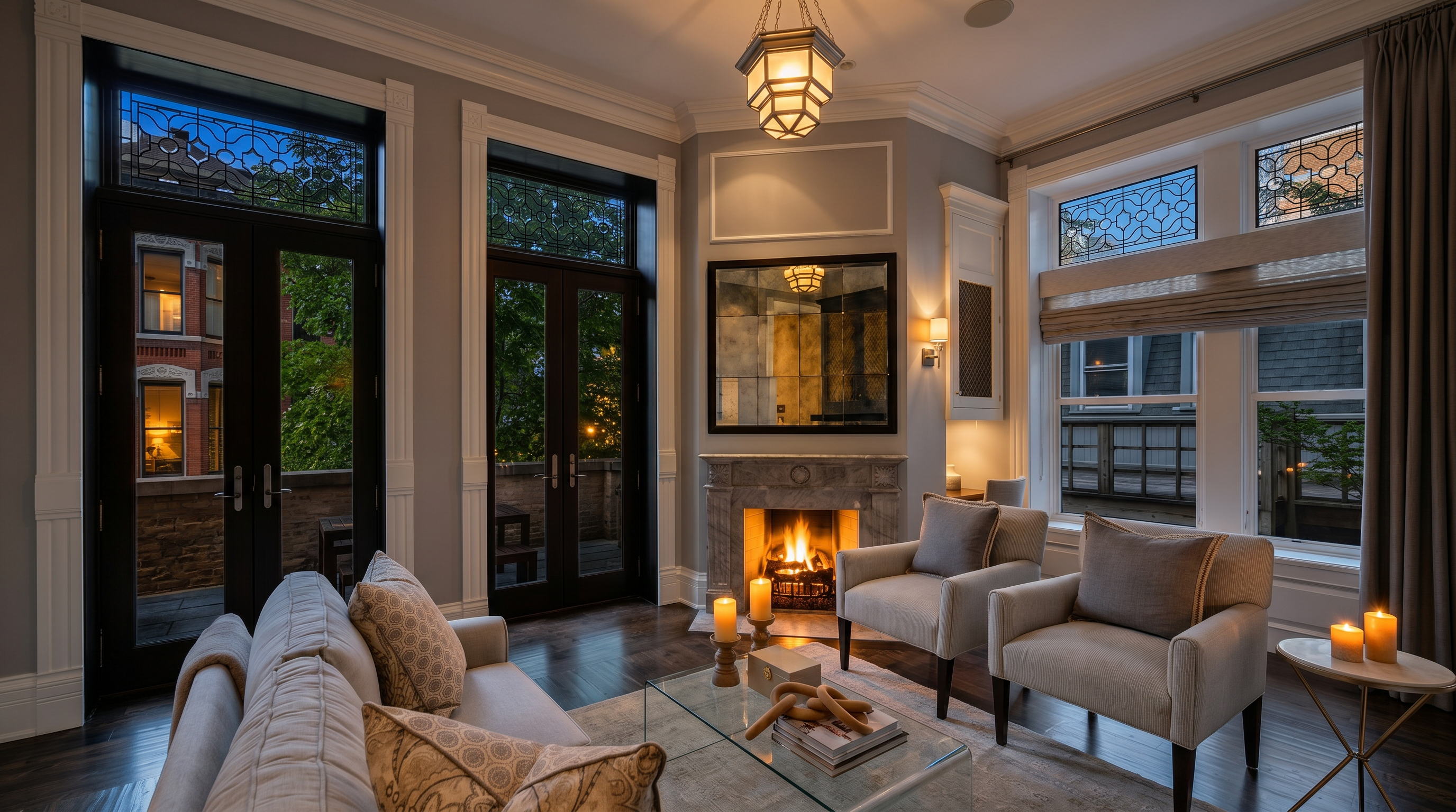 This elegant living room features a sophisticated neutral palette, centered around a stone fireplace with a decorative mantel and a large, multi-paneled mirror above it. The space is furnished with a plush sofa and two matching armchairs arranged on a light-toned area rug, all resting on dark wood flooring. Tall glass-paned doors with intricate transom windows provide abundant natural light and access to an outdoor balcony, creating a bright and airy atmosphere.