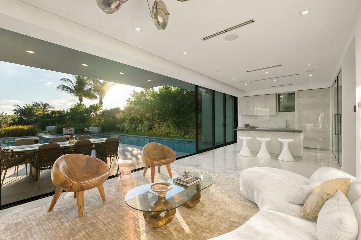 This bright, open-concept living space seamlessly transitions to an outdoor patio through expansive floor-to-ceiling glass sliding doors. The interior features a plush white sofa, two sculptural wooden chairs, and a glass-topped coffee table, all set against a neutral area rug and polished light-colored flooring. In the background, a sleek kitchen with white cabinetry and a breakfast bar with three stools completes the modern, airy aesthetic.