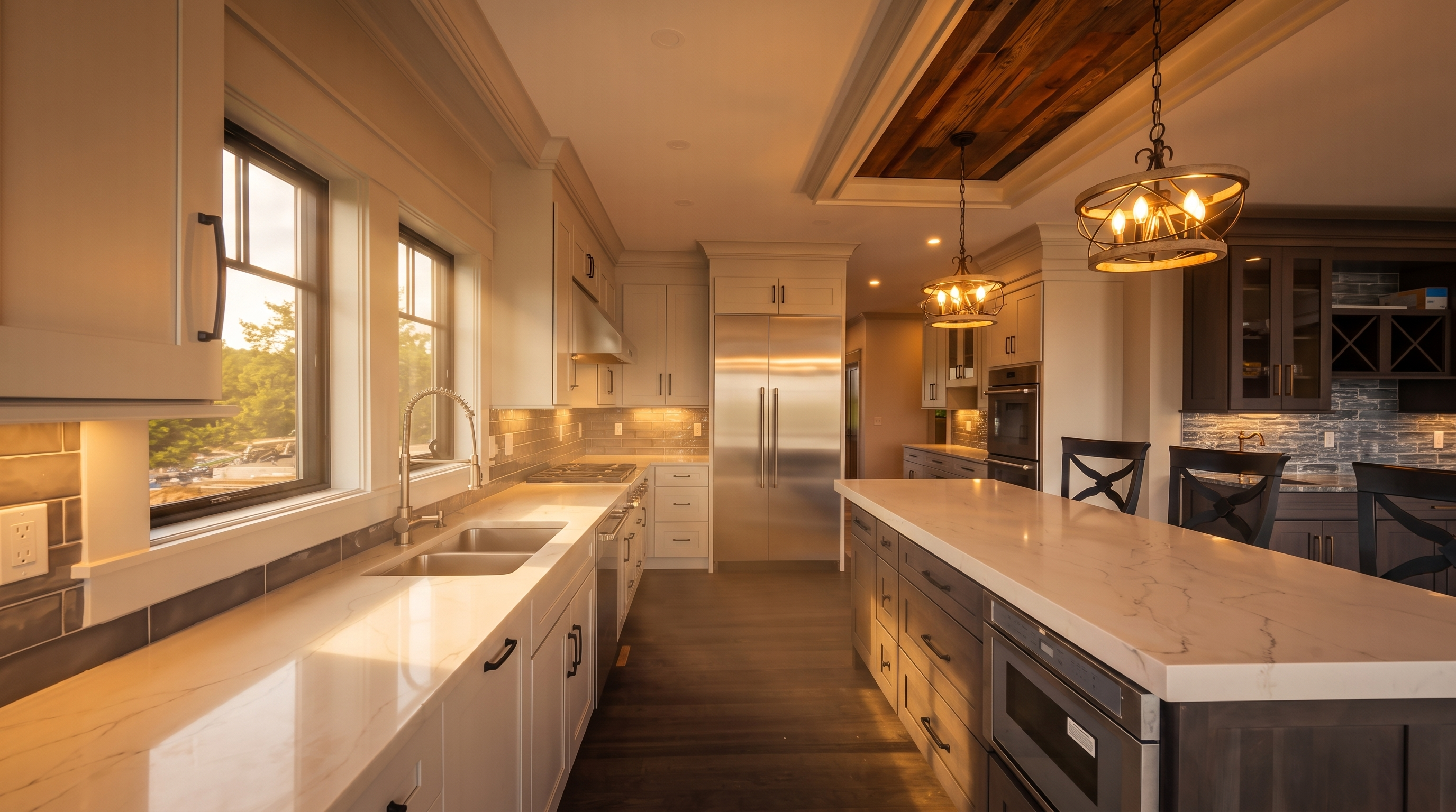 This stunning, gourmet kitchen features high-contrast cabinetry with crisp white perimeter units and a dark grey central island and accents. The space is upgraded with premium stainless steel appliances, a white quartz countertop, and beautiful wooden ceiling detail featuring two rustic industrial pendant lights. Large windows provide natural light, creating a bright and inviting atmosphere with a modern farmhouse design aesthetic.