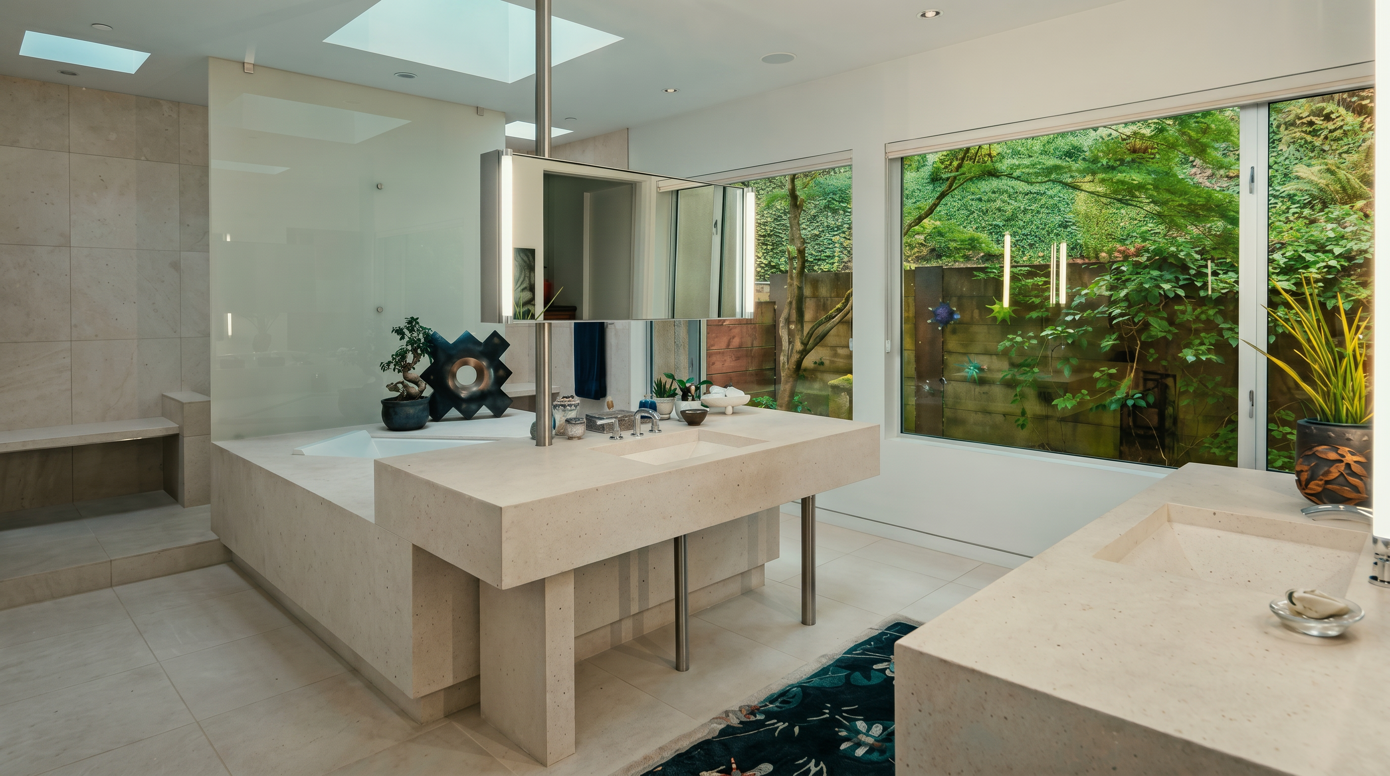 This luxurious primary bathroom features a minimalist, spa-like aesthetic with a central stone vanity island and a deep soaking tub integrated into a raised platform. Large windows provide an expansive view of the lush, green outdoor foliage, while a suspended mirror and sleek fixtures enhance the modern design. The space is finished with neutral-toned stone surfaces and a patterned area rug, creating a serene and sophisticated atmosphere.
