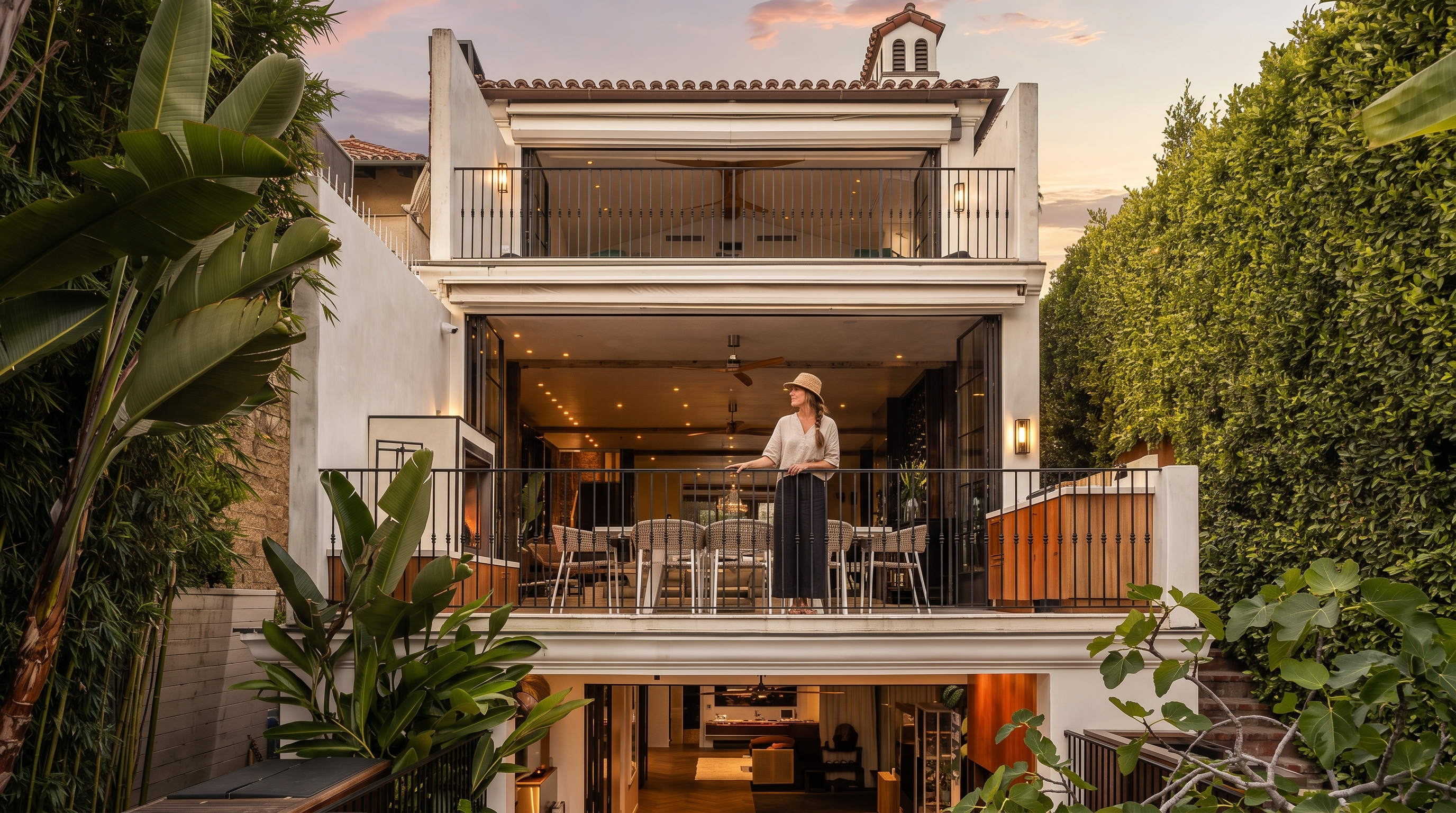 This rear view of a multi-level residence showcases a sophisticated architectural design with tiered outdoor living spaces. The home features a ground-level patio with an oval dining table, a mid-level deck with an outdoor dining set and integrated fireplace, and an upper-level balcony, all connected by large glass doors that create a seamless indoor-outdoor flow. Lush greenery and tall bamboo plantings frame the property, providing a private and serene atmosphere for the backyard setting.