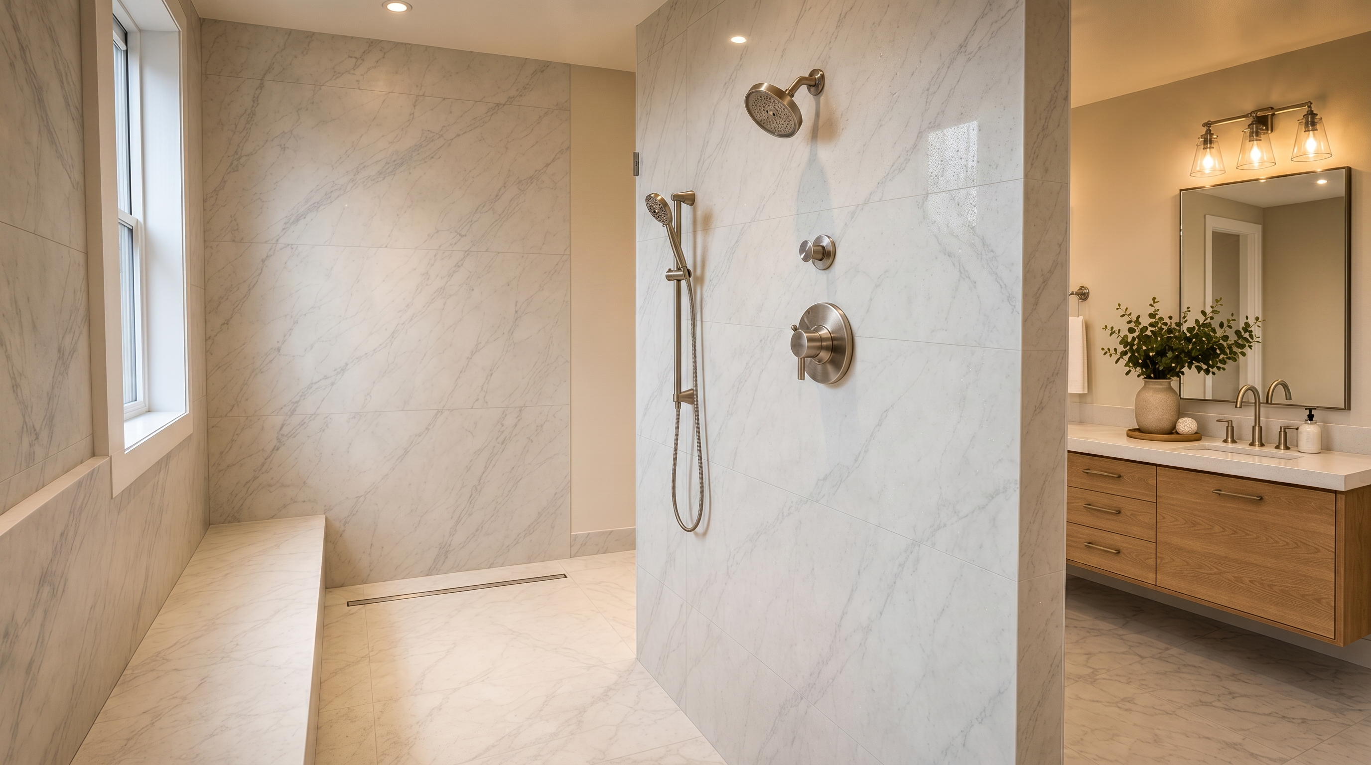 This modern primary bathroom features a large, walk-in shower area tiled with light-toned marble, complete with a built-in bench and a linear drain. To the right, a floating light wood vanity with a marble countertop and a sleek mirror creates a clean, sophisticated atmosphere. The space feels bright and airy, combining high-end materials with contemporary minimalist design.