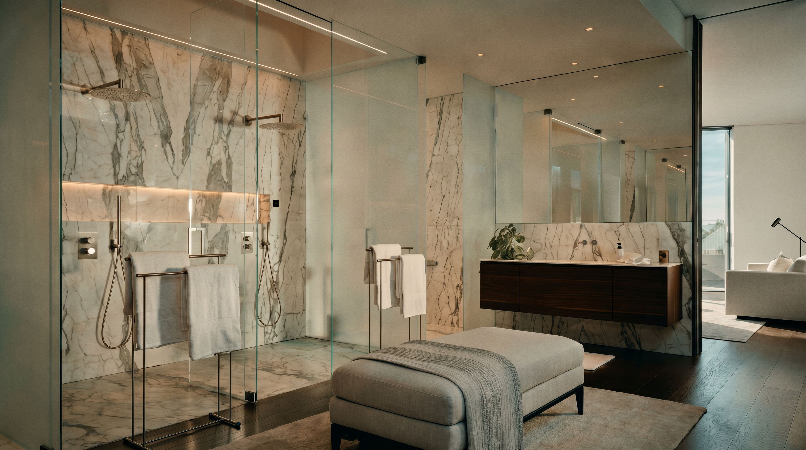 This luxurious primary bathroom features a spacious walk-in glass shower with marble tiling and dual showerheads, complemented by a sleek, dark wood floating vanity. A plush, neutral-toned ottoman sits centrally on a soft area rug, enhancing the spa-like atmosphere of the room. The design is modern and sophisticated, utilizing high-end materials and clean lines to create an elegant retreat.
