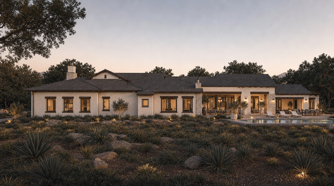 This elegant, single-story estate showcases a refined Mediterranean-inspired architectural style with stucco walls, a pitched tile roof, and stone masonry accents. The rear view features a seamless transition to outdoor living, highlighted by a pristine swimming pool, stone patio, and tasteful landscape lighting amidst a desert-scaped terrain. The property offers an inviting and luxurious atmosphere, perfectly designed for relaxation and sunset entertaining.