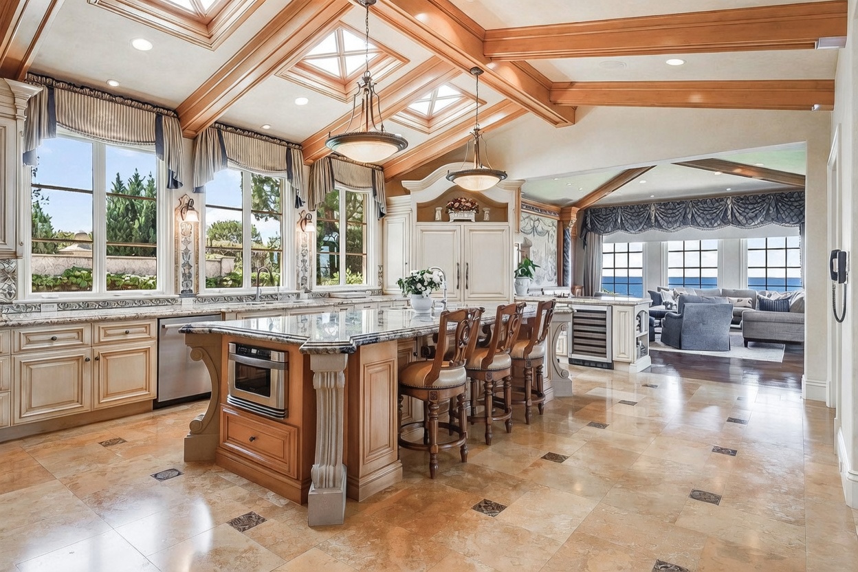This expansive, high-end kitchen features a large central island with bar seating, stone countertops, and intricate cabinetry. The room is defined by a vaulted ceiling with exposed wooden beams and multiple skylights, creating a bright and airy atmosphere. A seamless transition leads into an adjacent living area, with large windows providing ample natural light and views of the outdoors.